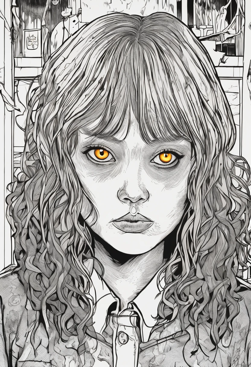 [(Junji Ito:1.4), creepy, dark, (yellow and black), chubby ebony (Uma Thurman:1.25) like at (Kill Bill:1.25), detailed line art, unsettling, horror manga style, twisted, psychological horror, grotesque, morbid, surreal], (((1girl)))