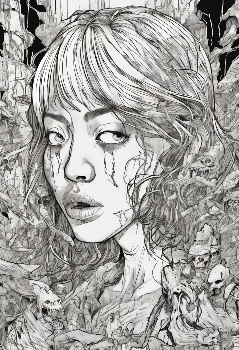woman tied with bandages, eyes covered, on top of a mountain (art inspired by Bill Sienkiewicz)