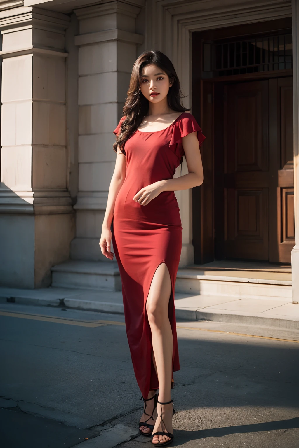 1girl, solo, RAW Photo, modelshoot style, Photograph of a young beautiful bright indonesian woman with black brown long hair flow in soft curl and warm skin, focused, wear red medium dress, full body shot, long shot, soft face make up, mild face make up, small breast, face to the camera, looking at viewer, standing in front of a building, best quality, masterpiece, uhd, photorealistic