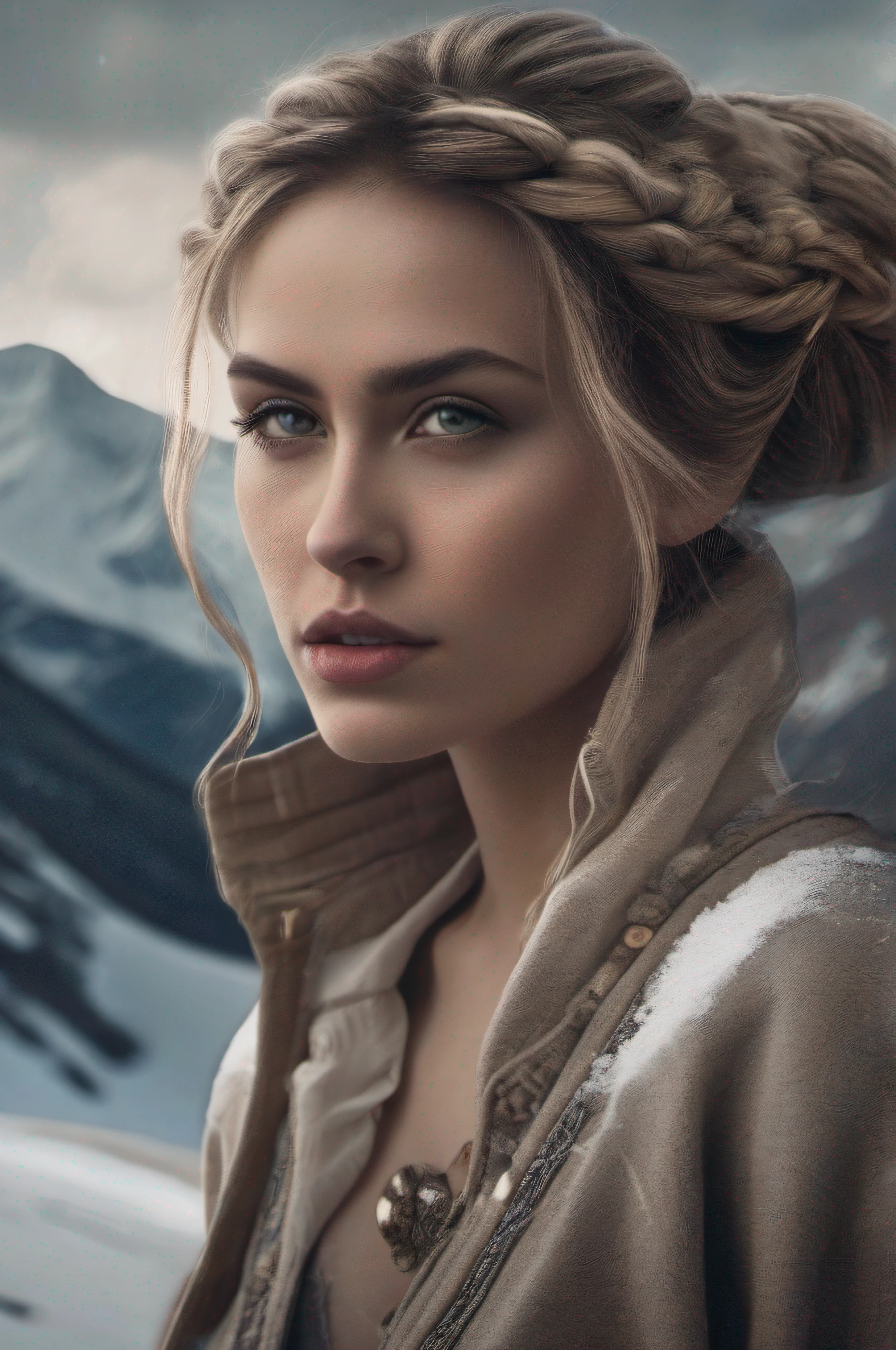 best ratio four finger and one thumb, Attractive amazing Ukrainian woman, (Messy bun), skin pore, Behind the glacial mountains, Snow, (highdetailskin:1.1), filmgrain, Fujifilm XT3, (com rosto detalhado:1.1), (soothing tones:1.25), (hdr:1.25), (art stations:1.2), Dramatic, (Intricate details:1.14), (hyperrealistic 3 d render:1.16), (cinematic ligh:0.55), (rootkowski:1.1), (Faded:1.3), ((Partially exposed))