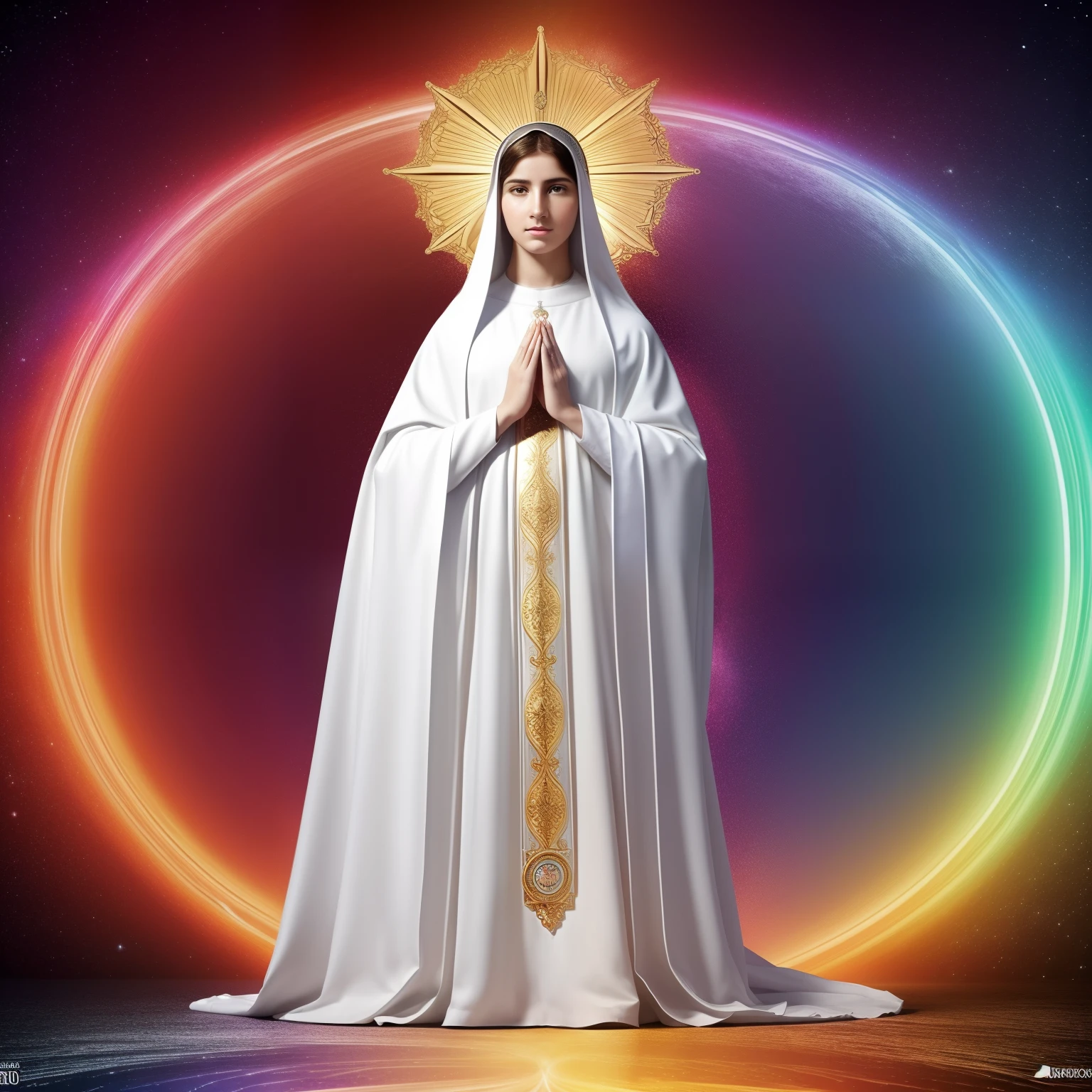 ((Blessed Virgin Mary of Fatima))) (((full body))) 19 year old, de rostro y aspecto anglosajona))) (((Con una cara seria y piadosa. Con una mirada dulce y tierna))) (obra maestra, calidad superior, mejor calidad, arte oficial, beautiful and aesthetic: 1.2), extremadamente detallado, (Arte fractal: 1.3), colorido, highest detailed, Cara perfecta, parte superior del cuerpo, HDR, (orando: 1.3), (golden lines of white coat: 1.2), eye-catching visuals, colores vibrantes. ultra detallado, 8k, HDR. Grado de color profesional, ambiance, profundidad asombrosa, colores ricos, powerful imagery, Psychedelic overtones, 4k, 8k,obra maestra,...