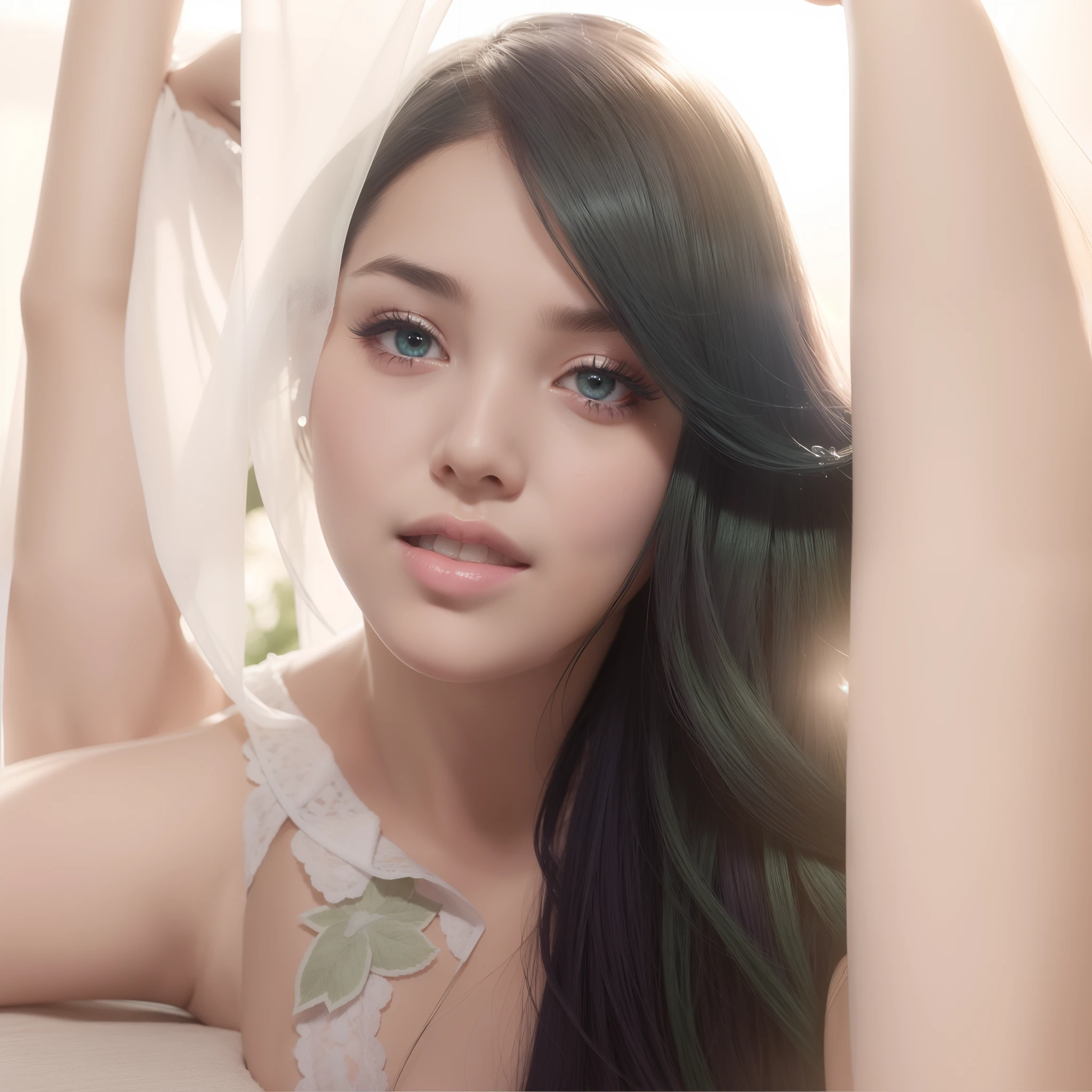 A European woman,20yr old,Super beauty,fully body photo,Purple eyes,Purple lipstick,Moisten lips,Fine light and shadows on the face are clearly visible,Realistic light and shadow effects,Purple colored hair,short detailed hair,Black eyebrows,long eyelasher,Hair strands are visible,Super fine,Green lace lingerie,By the pool,There are water droplets all over the body,Get wet,Breasts are plump,long leges,Thin waist,There are abs,Super healthy woman,Kneel by the pool,Water droplets on the hair,The swimsuit is soaked,Bumps,The shape is realistic,Ultra-fine skin texture,Eyes gaze at the audience,ssmile,Stroke your hair with your left hand,The right hand caresses the side of the breast,Eyes are confused,The eyes glow。