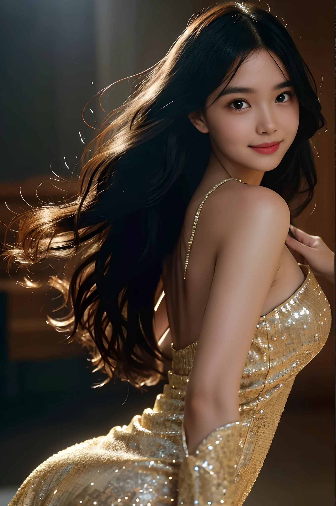 film portrait photography, 1girl, wavy shoulder-length hair (realistic detailed eyes, natural skin texture, realistic face details), soft dramatic lighting, depth of field, bokeh, vibrant details, finely detailed, hyperrealistic, 35mm film, hazy blur, filmg,happy smile, dancing, wearing an elegant black Sequin-Embroidered Evening Gown, moving, universe, Galaxy