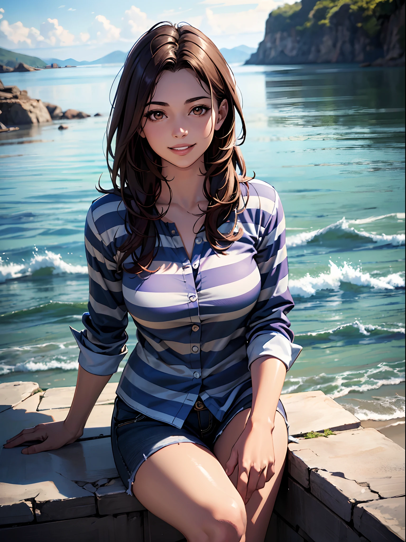 (best quality, masterpiece:1.2), perfect body, (huge breasts, nipples, cleavage), wide hips, big gorgeous eyes, full lips, smile, parted lips, (transparent, wet:1.2), view from below, a woman sitting by the rocks, her back leans towards the lighthouse, vibrant, clean lines, perfect illustration, 8k, uhd, pbr, hdr, natural light, by artgerm and donato giancola