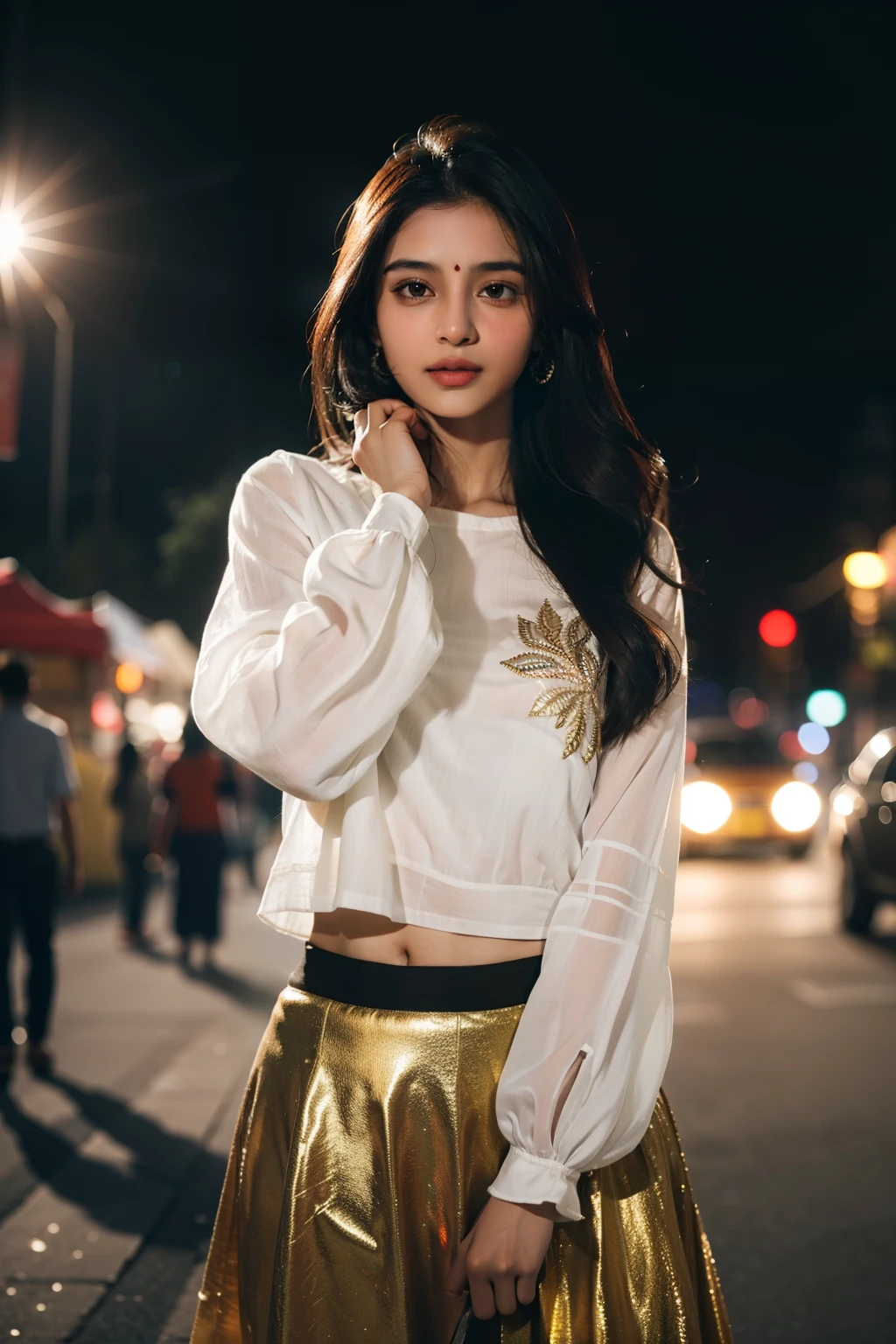 1girl,24-28 Years Old bollywood indian female fashion mode,brown skin,dressed Indian design Casual regular sleeves embroidery girl top, Indian design skirt,detailed body,Happy expression on face,at the night Indian market,backlight, extremely realistic, 8k, insane details, intricate details, cinematic color graded,Color Grading, Editorial Photography, Photography,sharp focus, taken with a 60mm lens, ISO 300, f/4, 1/200th