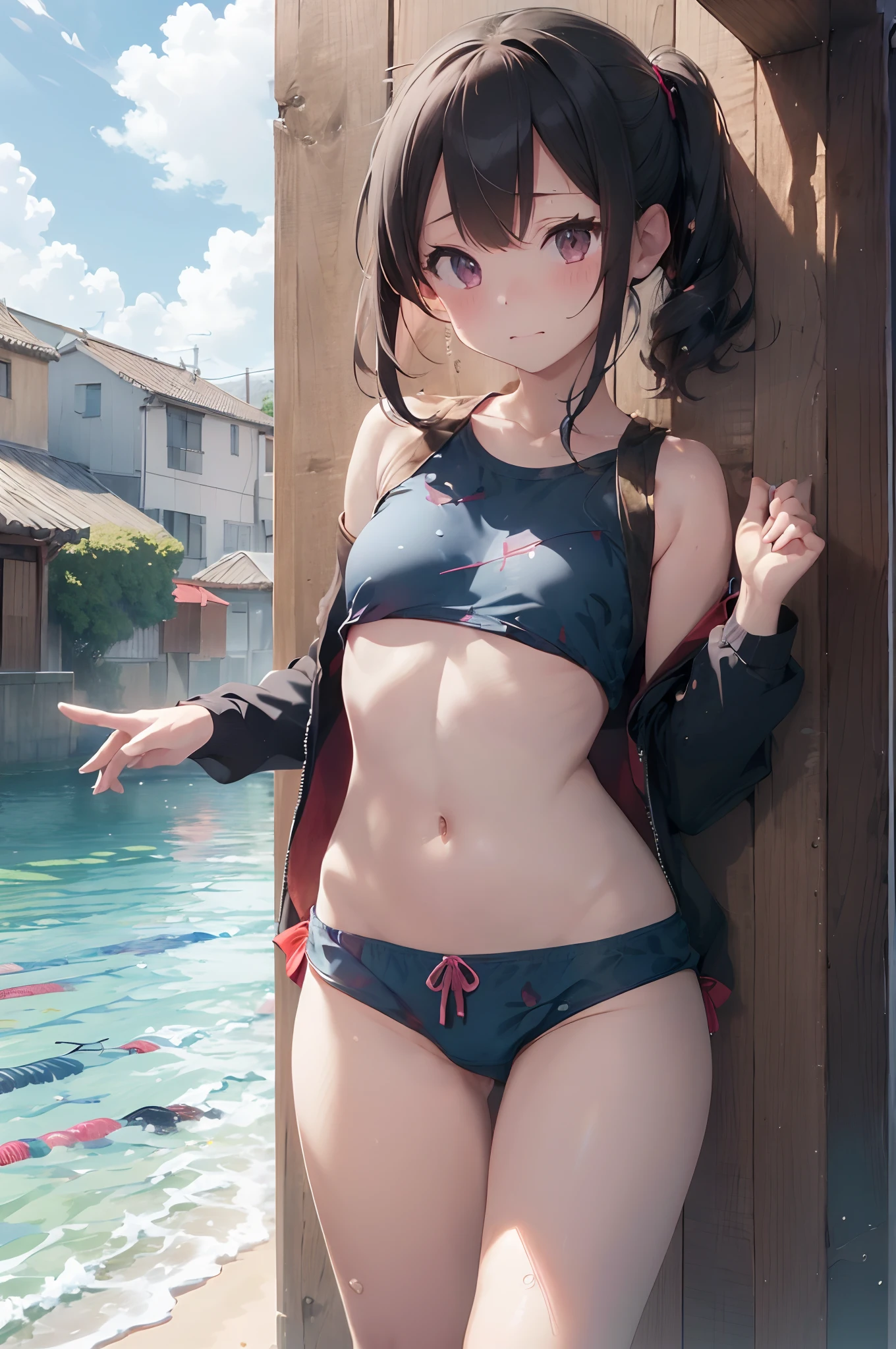 (masutepiece, Best Quality, 8K:1.2) masutepiece, Best Quality, 1girl in, (swimming trunks:1.3), toppless, blush, embarrassed, exhibitionism, Beach, ,NSFW,Beautiful,masutepiece,Cute Girl,Highly detailed and delicate,extremely fine and beautiful,beautiful and clear background, , Walking, hands on own breasts,