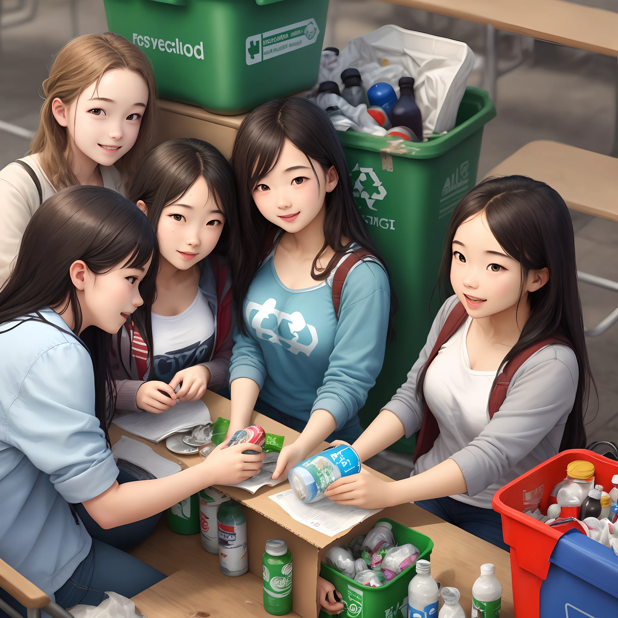 A group of students doing recycling