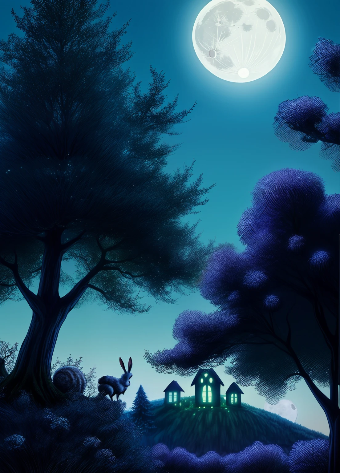 enchanted forest, the full moon rises from behind the hills, the bunnies and hedgehogs sit and watch the moon