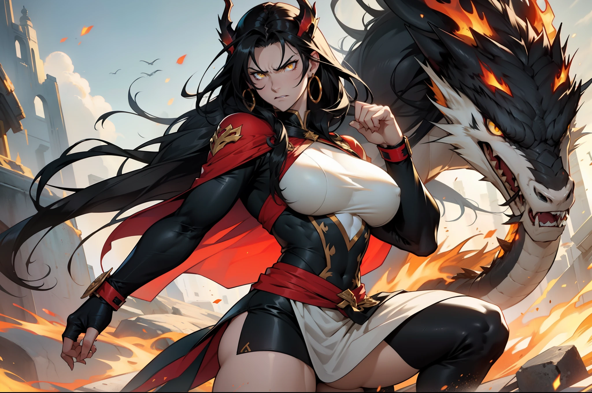 black hair, extremely long hair, yellow eyes, pale skin, muscular, large breasts, thick thighs, angry, fire dragon, 1 girl