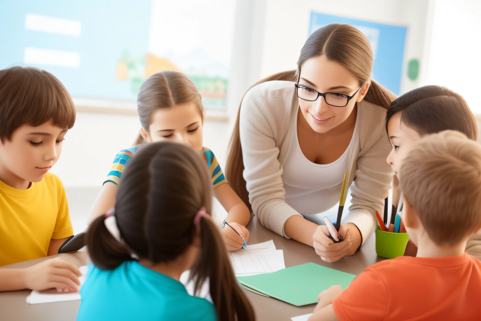 There are many children sitting around a table with a teacher, professor, school curriculum expert, Shutterstock, iStock, fundo interessante, Foto de Stock, Imagem de Stock, em uma sala de aula, accurately portrayed, assunto completo mostrado na foto, Classe escolar, arte profissional, em uma sala de aula da escola, estudante, iStockphoto, Beautiful image, muito atraente, bela foto