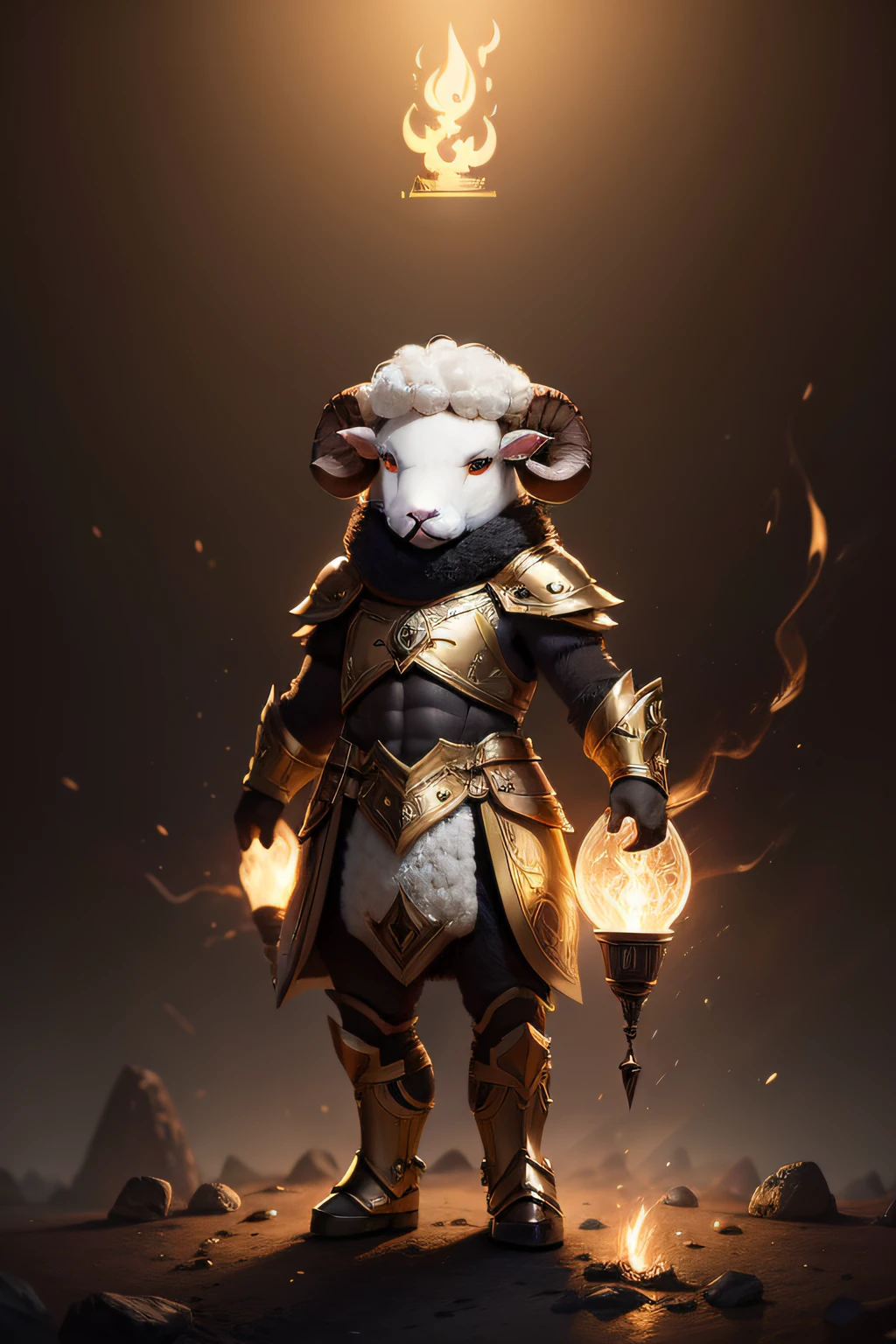 Cute big-headed sheep guide image, standing on your feet, Hands torch electric light, Wearing gold and black armor, furry fantasy art, High detail, Cinematic lighting, god light, hyper HD, A high resolution