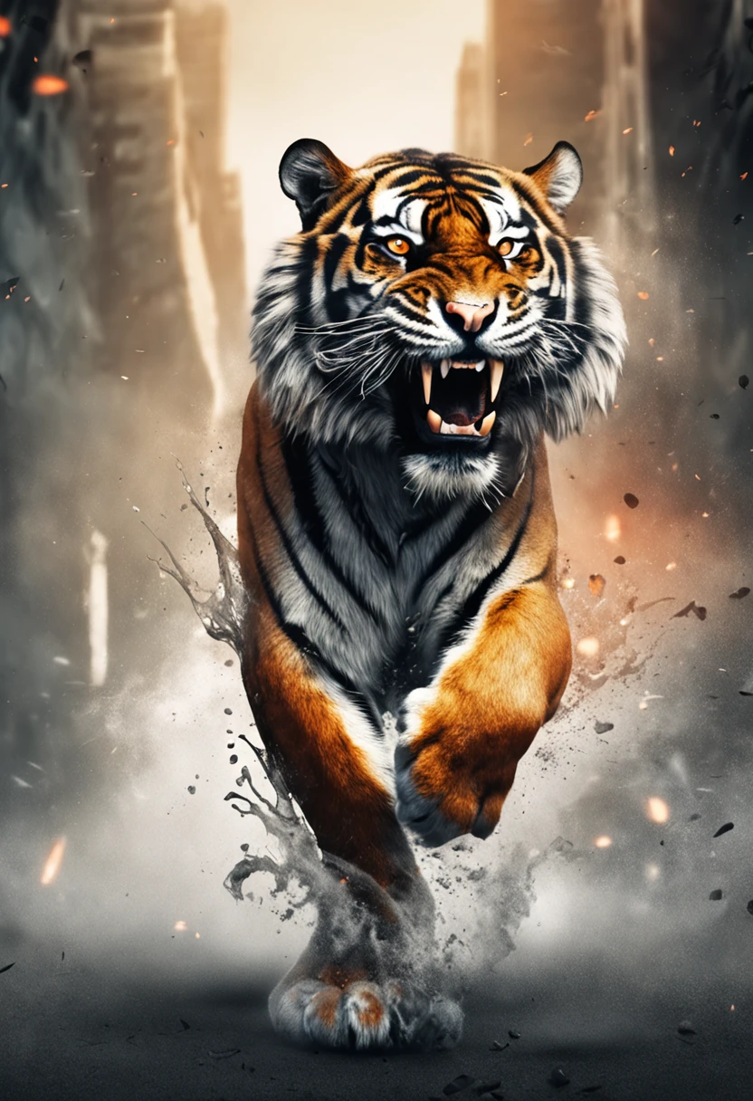 Black gray realistic tiger tattoo art with (((Orange eyes))) Features an ink splash sketch effect ,With his mouth open, he looked very fierce and angry