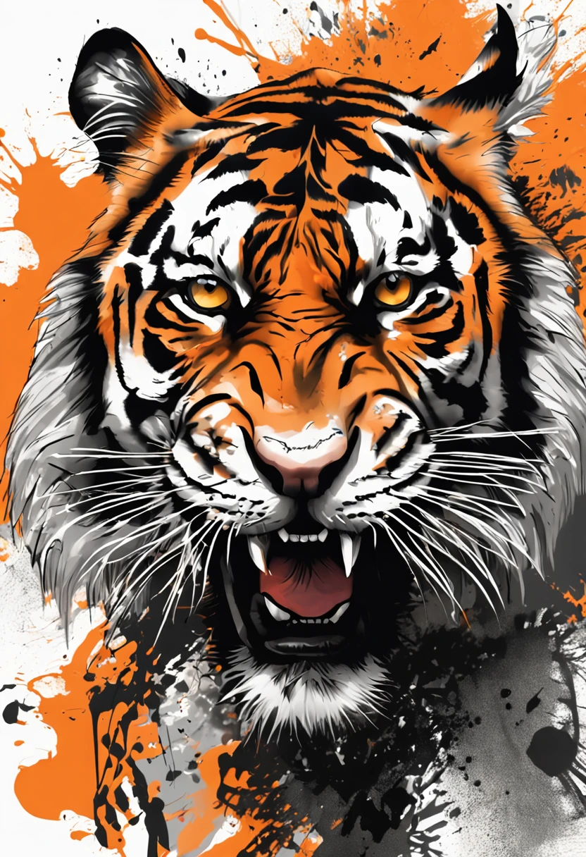 Black gray realistic tiger tattoo art with (((Orange eyes))) Features an ink splash sketch effect ,With his mouth open, he looked very fierce and angry
