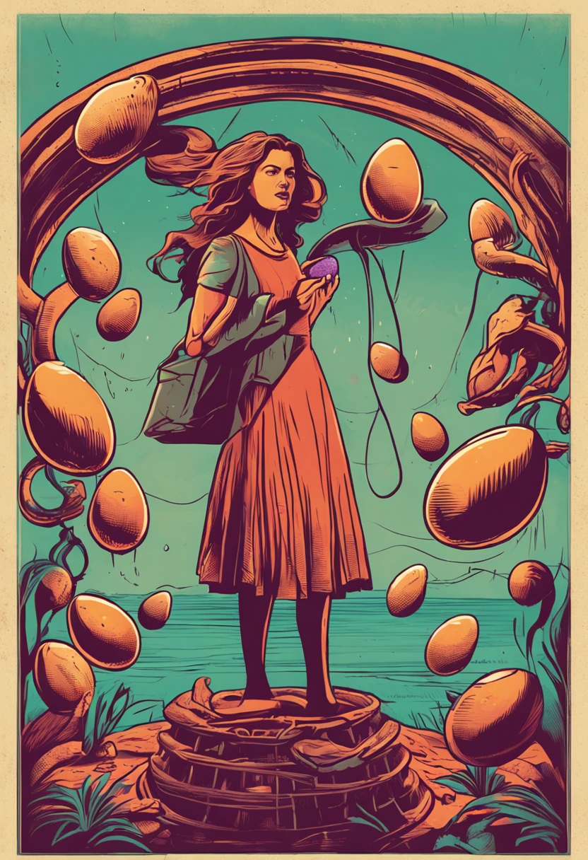 Woman dropping eggs from a tentacle