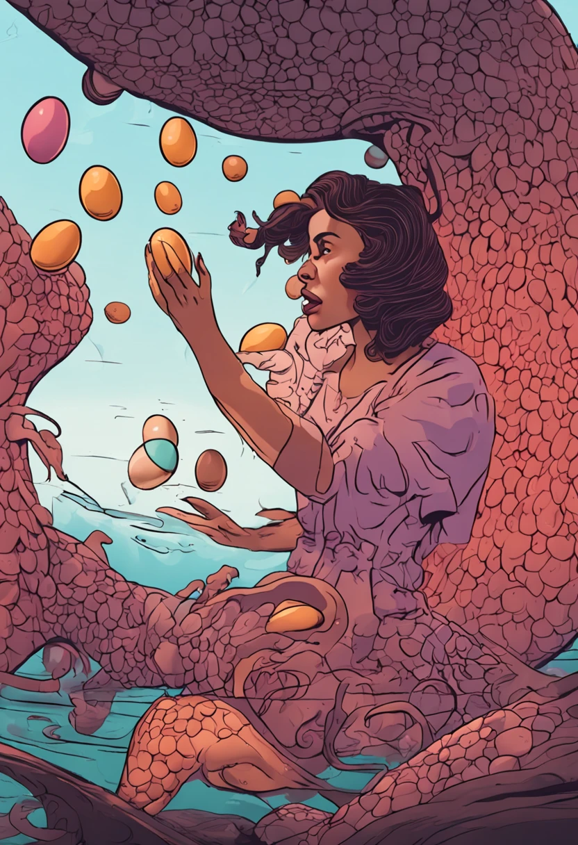 Woman dropping eggs from a tentacle