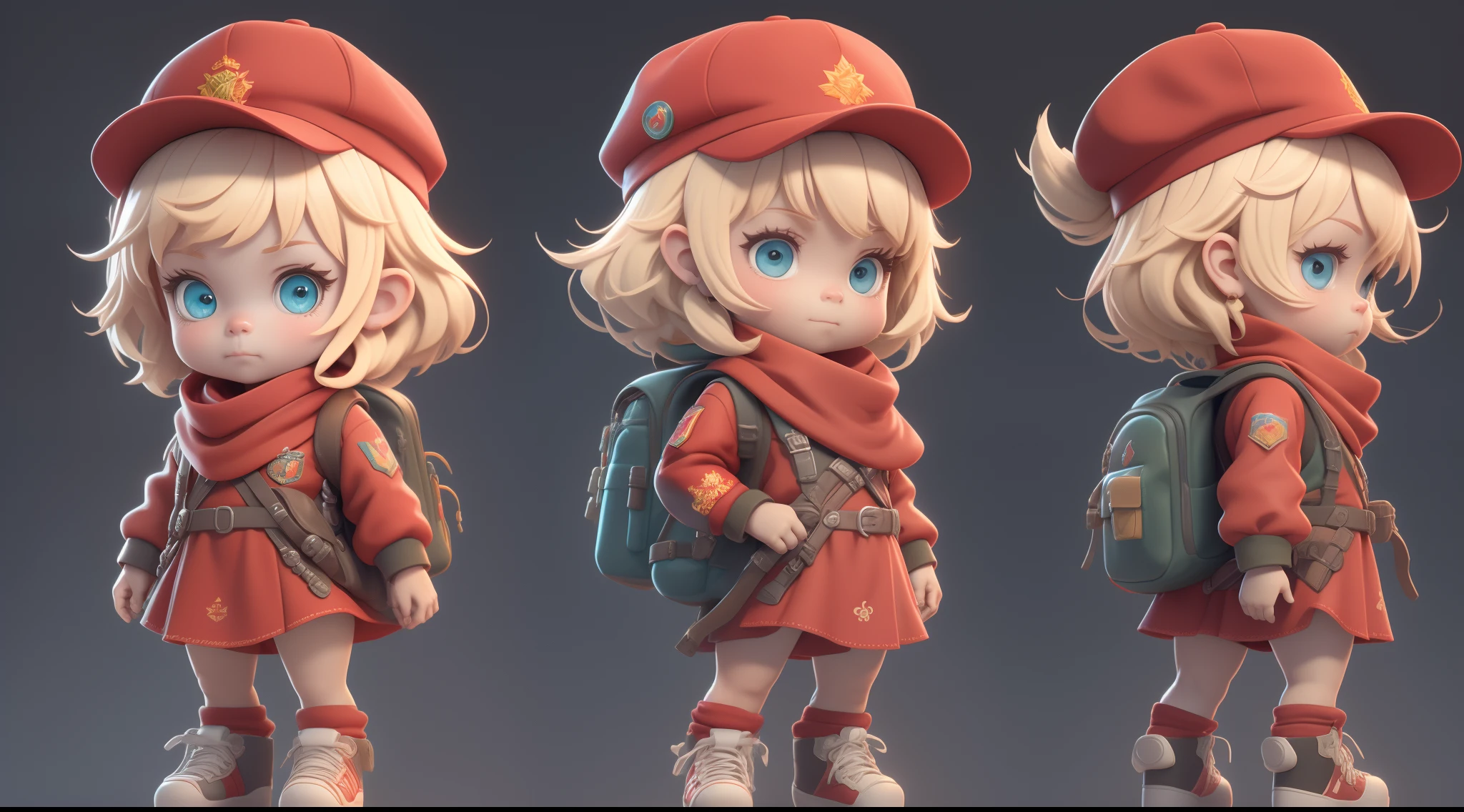 three-view drawing enerate three views, namely the frontview, the side view and the back view, has a cute image wearing a Red Army hat and carrying a heavy backpack, holding a red flag, bubble mart, pure background, three views, horizontal composition, no dividing line, PLA clothing, liberation shoes, IP image, POP Mart, Unreal Engine 5, Highly detailed characters, blind box, cute 3d rendering, stylized anime, 3d rendering stylized, 3d rendered character art 8 K, super detail rendering, cute characters, guvez style artwork, cute detailed digital art, stylized 3d rendering red scarf bubble mart blind box style