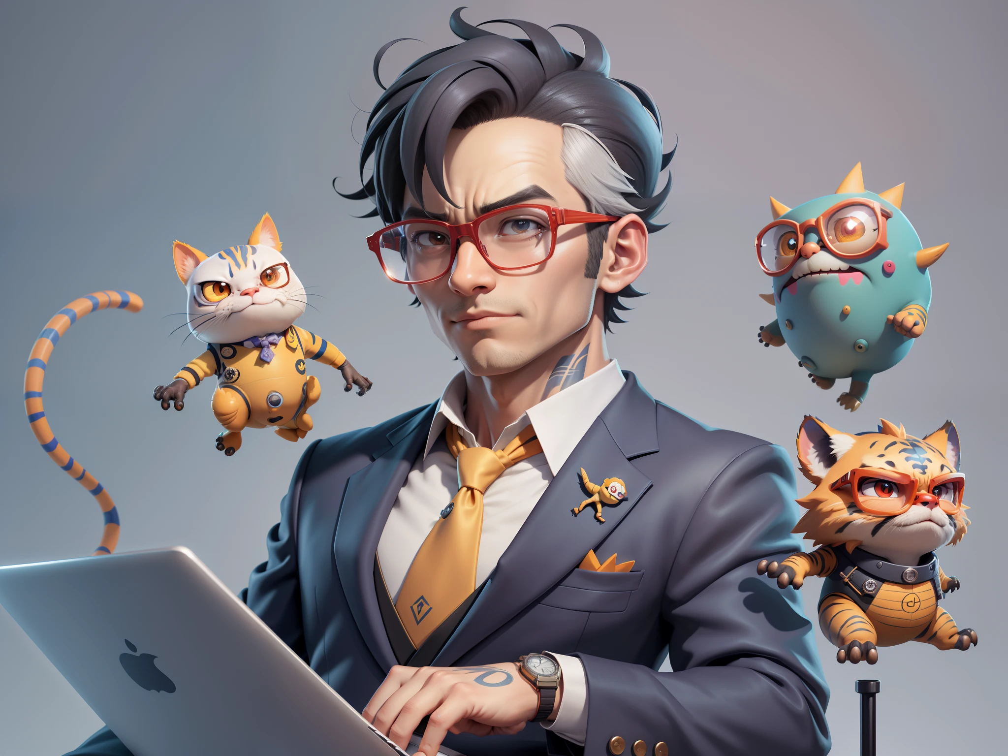 A young man in a suit, Short hair and glasses sat at his desk，holding laptop，digitial painting，tigre，3D character design by Mark Clairen and Pixar and Hayao Miyazaki and Akira Toriyama，4K HD illustration，Very detailed facial features and cartoon-style visuals。