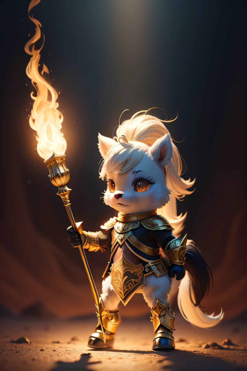Cute pony Guide image, standing on your feet, Hold the torch with one hand, Wearing gold and black armor, furry fantasy art, High detail, Cinematic lighting, god light, hyper HD, A high resolution