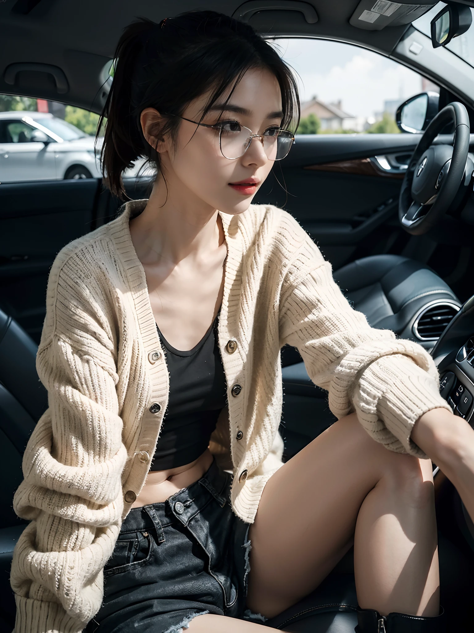 ((smallunderboob,Tomboyish,small heads)), (Well-defined abs: 1.1), (perfect bodies: 1.1), (short-length straighthair: 1.2), Black hair, upper body photos, attractive collarbone，nabel，（极其细致的CG 8k壁纸），（Extremely refined and beautiful），（tmasterpiece），（best qualtiy：1.0），（超高分辨率：1.0），beautiful light up，Perfect lightning，realistic shaded，[A high resolution]，Smooth and flawless fair skin，ultra - detailed ，Elongated legs，flatchest，Slim，emaciated，Female driver，Wearing glasses，Look ahead，Short ponytail hair，Sven scum，In a spacious private vehicle，Place your hands on the steering wheel，driving car，Gilet blanc，Thin white cardigan，Black beggar pants with big tattered holes，black military boots，cheerfulness，ssmile