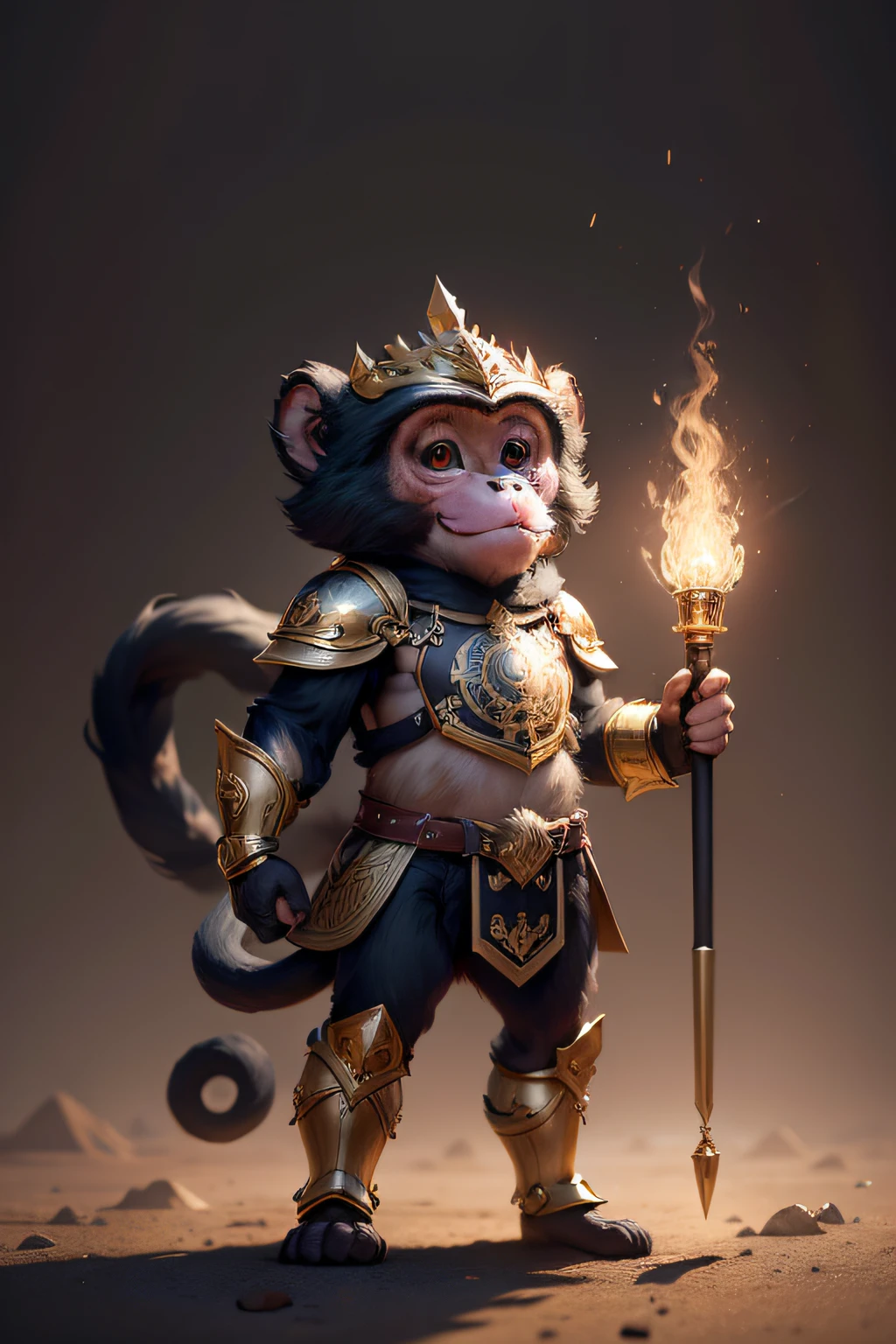 Cute monkey guide image, standing on your feet, Hold the torch with one hand, Wearing gold and black armor, furry fantasy art, High detail, Cinematic lighting, god light, hyper HD, A high resolution