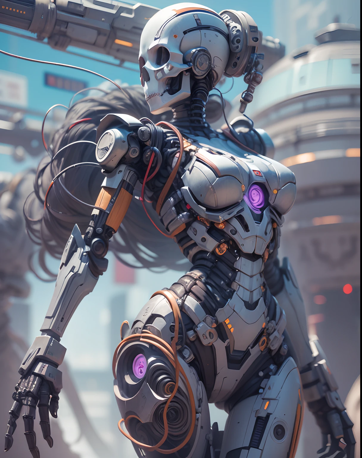 A detailed full body skull girl, looking away, intricate death robot armor, hourglas body, (skull:1.2), intricate ornaments, futuristic, sci-fi, cables, skull mask, wires behind the mask, wide hips, small waist, curvy body, droid, cyborg, mask, metallic parts, pink mask, blue, purple, dynamic backgrounds, masterpiece, best quality, 8k, depth of field