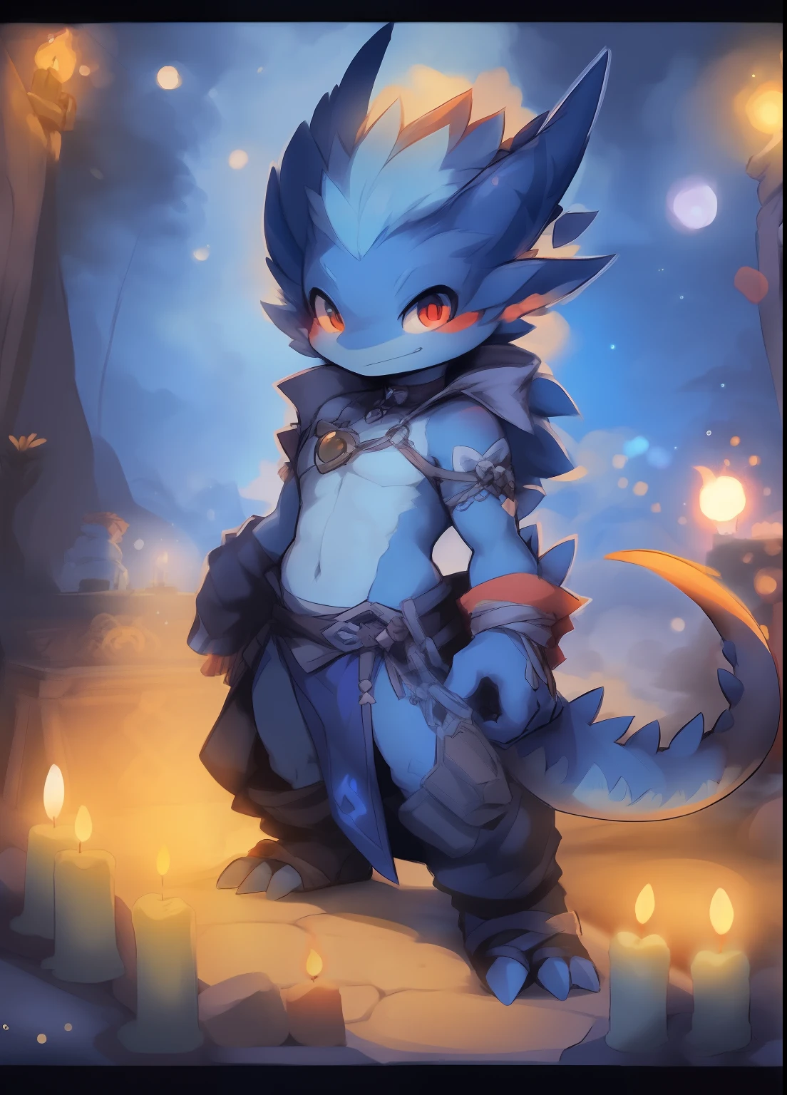 tmasterpiece,high high quality,Ridiculous resolution,digitial painting\(artwork of a\),Sumi Kuroi,Yupa,Kiyosan。gentlesoftlighting, 独奏, (Human male dragon), (Red body), natta, ln the forest, Loincloth, bonfires, Clouds, darkly, sitted, Rochas, full bodyesbian, choker necklace.in a panoramic view,sportrait,135mm,looking-at-viewer,Character Spotlight。the night,darkly,detailed back ground,amazing background,exteriors,scenecy,Sateen,altar, Fire, Smoke, forest, Candle, Night, (Particle ,Firefly, blue glowing:1.3), Detailed background, 8K HD, (Dark shadows, Wide dynamic range, hdr, Low light:1.2), by Pino Daeni, canyne khai, milkytiger1145, Dagasi, Yupa, Tik
