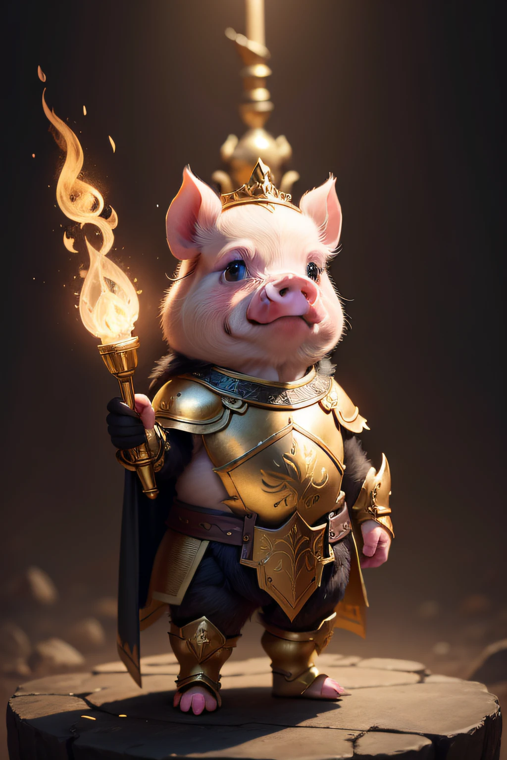 Cute little pig guide image, standing on your feet, Hold the torch with one hand, Wearing gold and black armor, furry fantasy art, High detail, Cinematic lighting, god light, hyper HD, A high resolution