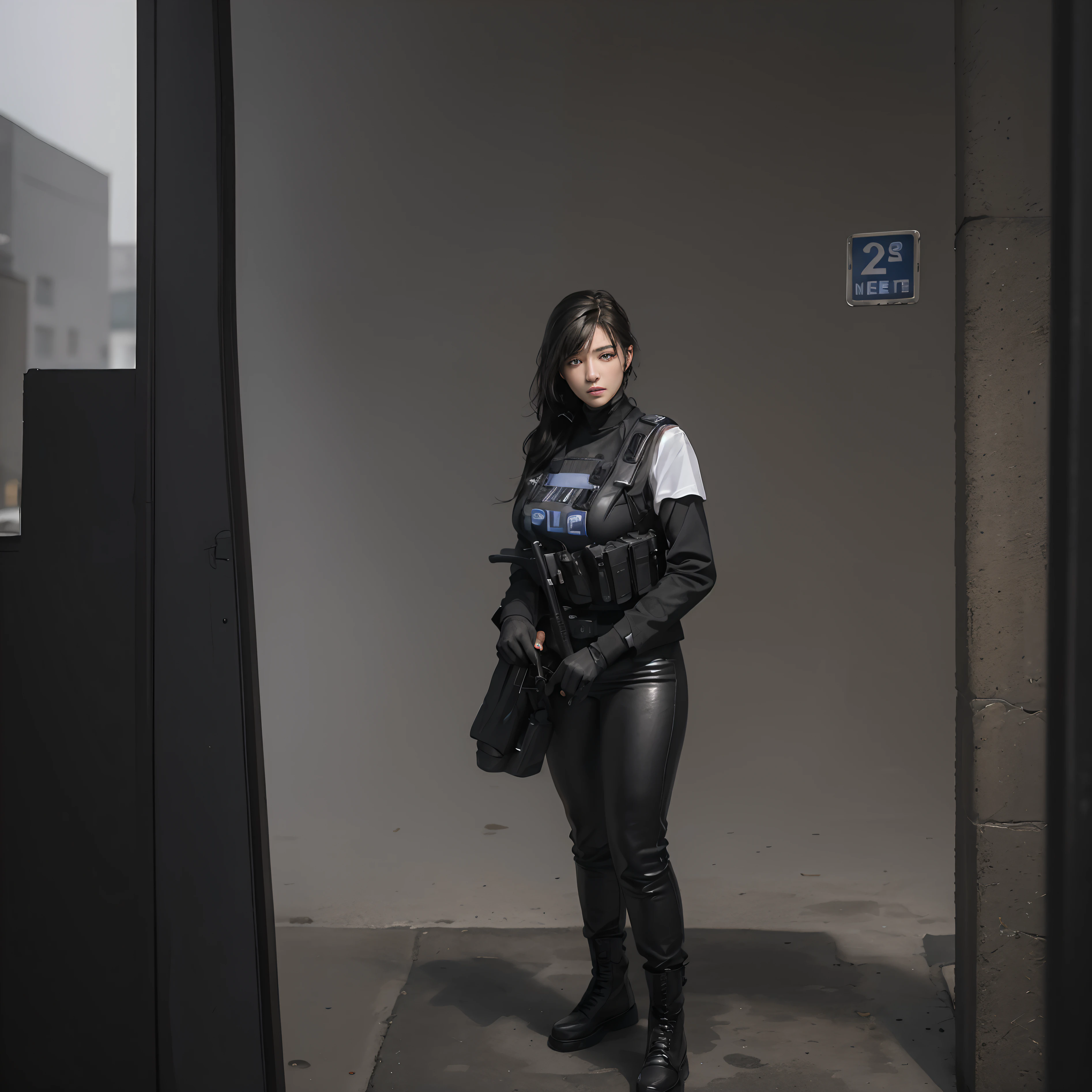 ((Best Quality, 8K, Masterpiece: 1.3)), Sharp: 1.2, Perfect Body Beauty: 1.4, Slim Abs: 1.2, ((Layered Hairstyle, Big Breasts: 1.2)), (Wet White Button Long Shirt: 1.1), (Bulletproof Police Car, Street: 1.2), Wet: 1.5, Highly Detailed Face and Skin Texture, Detailed Eyes, Double Eyelids, Side Face Looking at the Camera, White Police Uniform, Tall Figure, Army Badge, Bulletproof Vest, Intercom, Pistol Aimed at the Camera Female soldiers, Fully armed, black leather pants, special forces, agents
