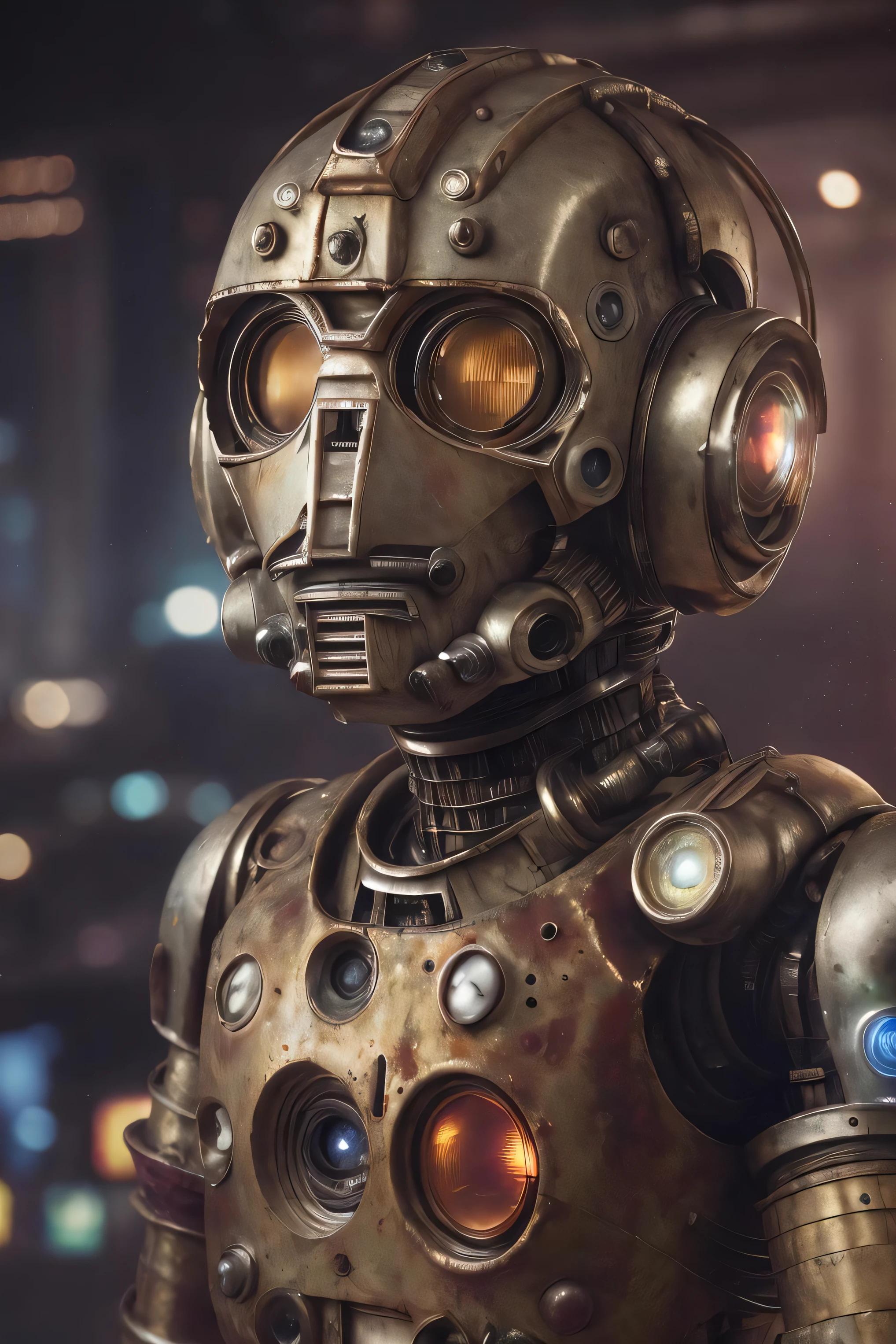 High exposure of a Rusty Cyberman, Air traffic controller, Yume Kawaii, cinematic lighting, depth of field, bokeh, realism, photorealistic, hyperrealism, professional photography, uhd, dslr, hdr, ambient occlusion, iris and pupil rendering, advanced color grading