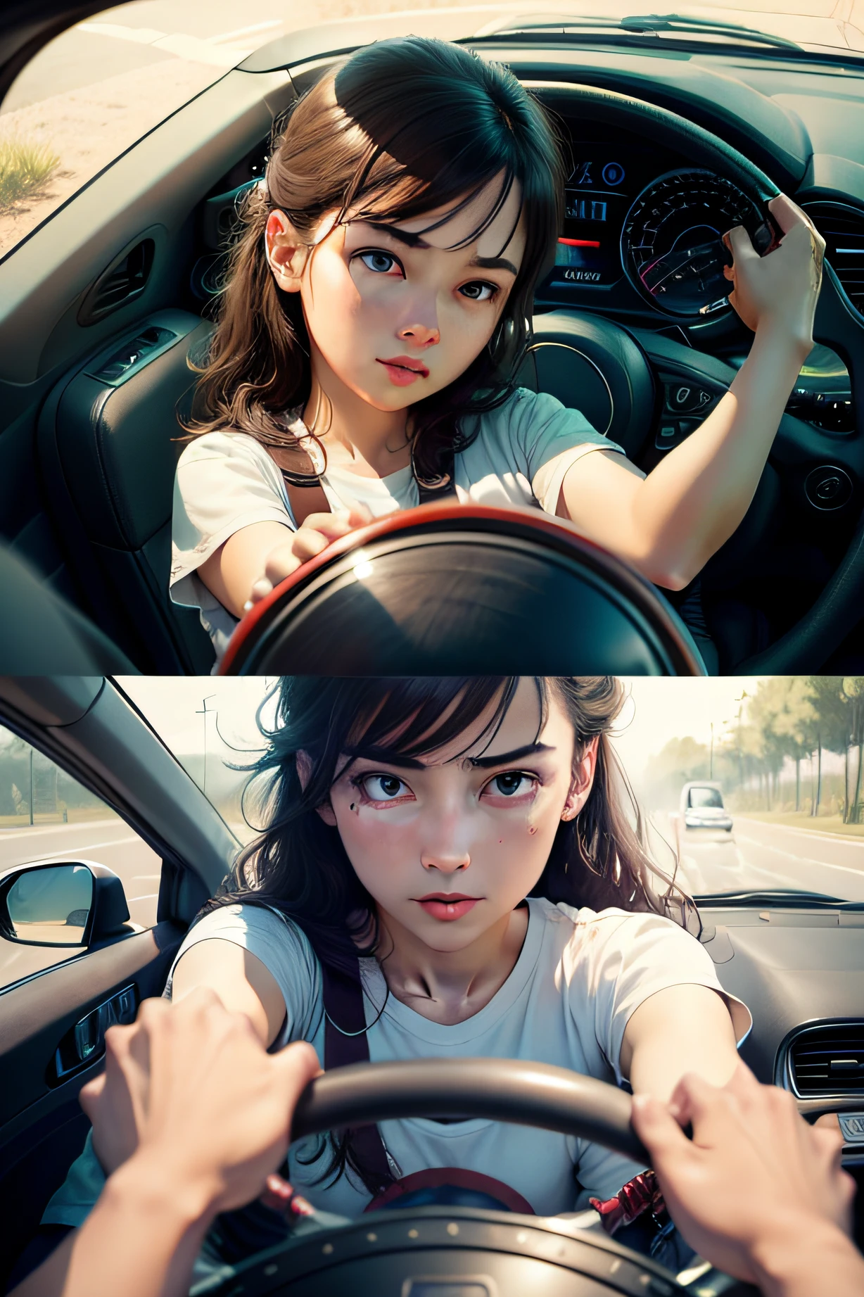 Learning Basics: Illustrate a scene of a student nervously holding the steering wheel while the instructor calmly guides them.