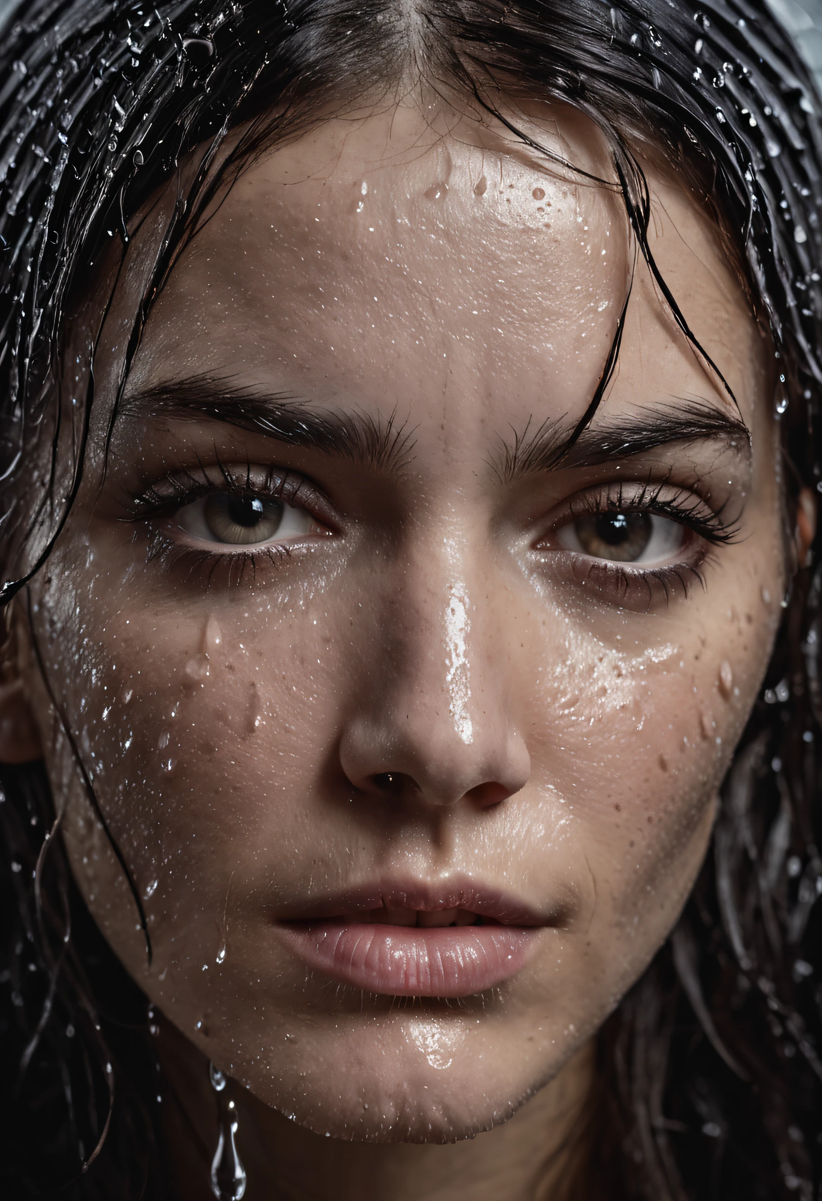 a close up of a woman with wet hair and a black background, crying fashion model, photography of albert watson, tears dripping from the eyes, wet dripping hair, awesome and moody, by irakli nadar, tears running down face, 8k artistic portrait photography, rain drops on face, black and white artistic photo, sultry expression, emotive portrait, close up, portrait, macro lens, 100mm 1.8, dramatic pose, award winning portrait, crystal clear, micro-details, eye portrait