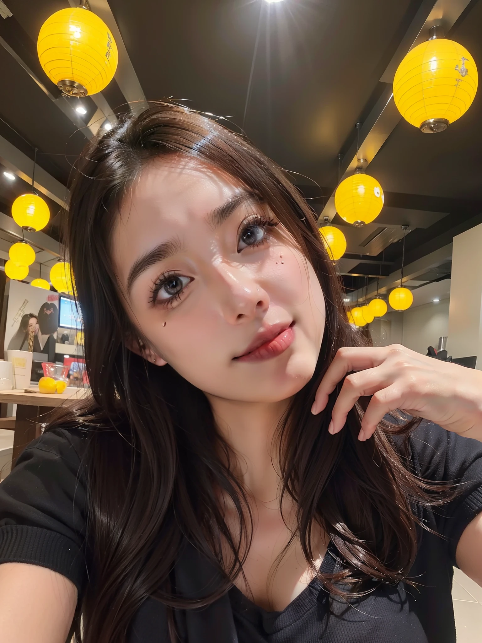 (top-quality、8k、masterpiece:1.3)、Beautiful Women in Perfect Figure:1.4、dark brown hair、extremely detailed face and skin、A detailed eye、二重まぶた、huge tit、a smile、g-cup