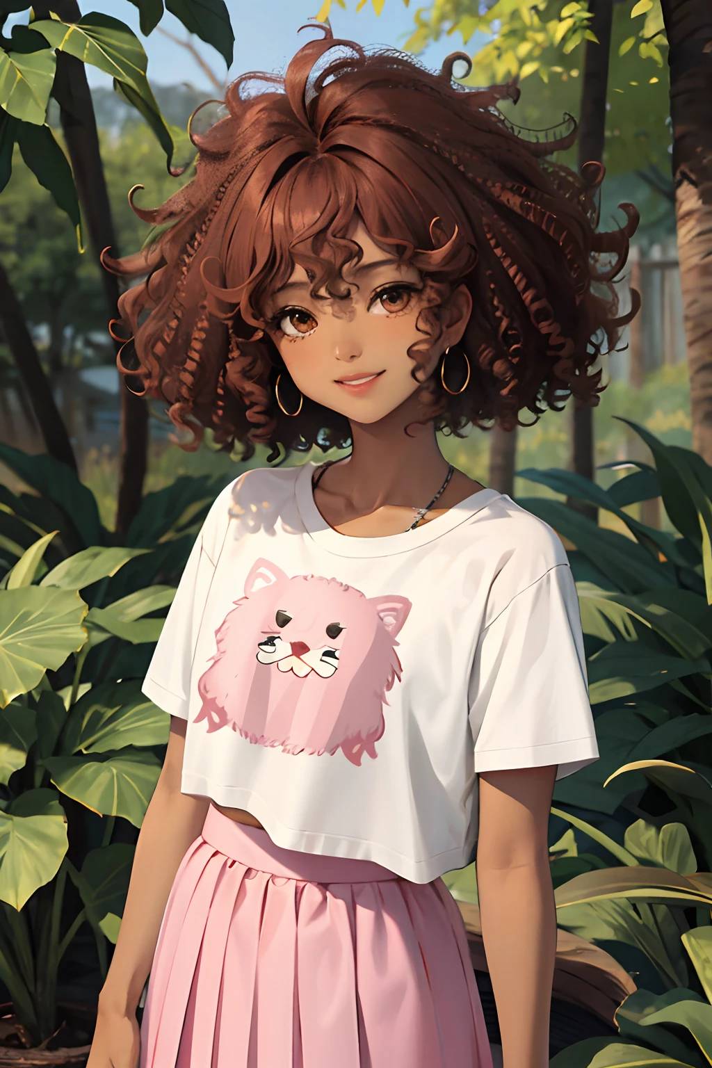 (masterpiece:1.2, best quality), (real picture, intricate details), 1lady, solo, upper body, casual, long fluffy hair, minimal makeup, natural fabrics, close-up face, smile, swamp, forest settings, Anne Boonchuy, Amphibia, teen girl, 14 years old, Thai-American teenage girl, light brown skin, messy auburn hair, short auburn hair, short fluffly hair, dark brown eyes, school uniform, school t-shirt, white t-shirt, pleated skirt, pink pleated skirt, pink school skirt, Thai girl, dark skin, tan skin, light brown skin colour, dark skin colour, dark tan, light brown skin, curly hair, afro hair, short fluffly afro hair, auburn afro hair, curly hair, curly afro, purple pink skirt, PURPLE PINK skirt