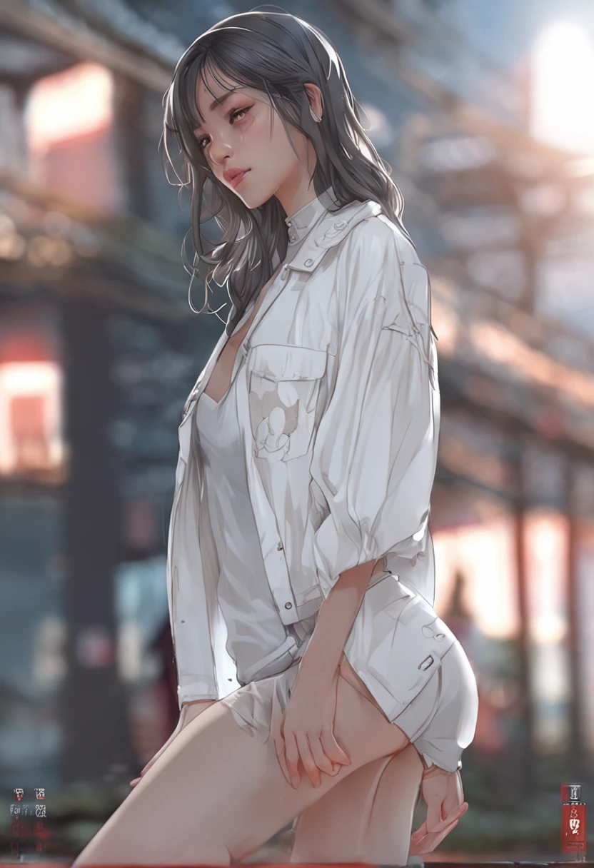 1 girl in、full bodyesbian、Unclear、Detailed clothing、White leggings、Unclear、Oversized white T-shirt、(delicate illustration:1.4)、(masterpiece:1.0)、(top-quality:1.4)、(超A high resolution:1.2)、(Photorealsitic:1.4)、(8k、RAW Photography:1.2)、(softfocus:1.4)、(18yo:1.3)、(foco nítido:1.4)、detailed beautiful faces