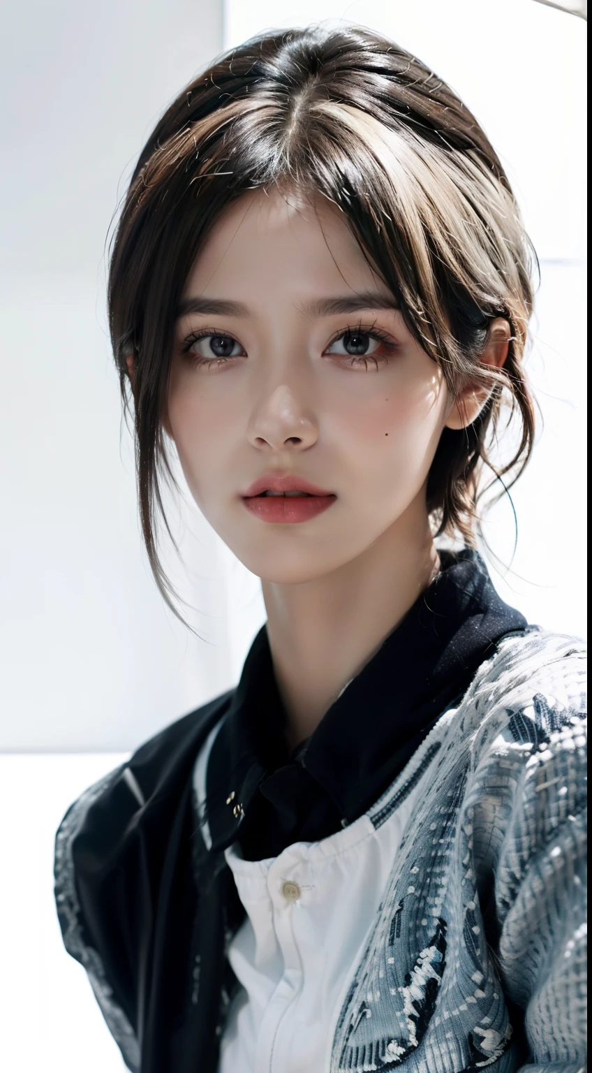 Best quality, Masterpiece, Super high resolution on white background, 8K HD, the wallpaper, Portrait, Upper body, Look at the viewer, A woman, Short hair, Modern fashion ,track suit ,lighting ,Gorgeous,  White hair