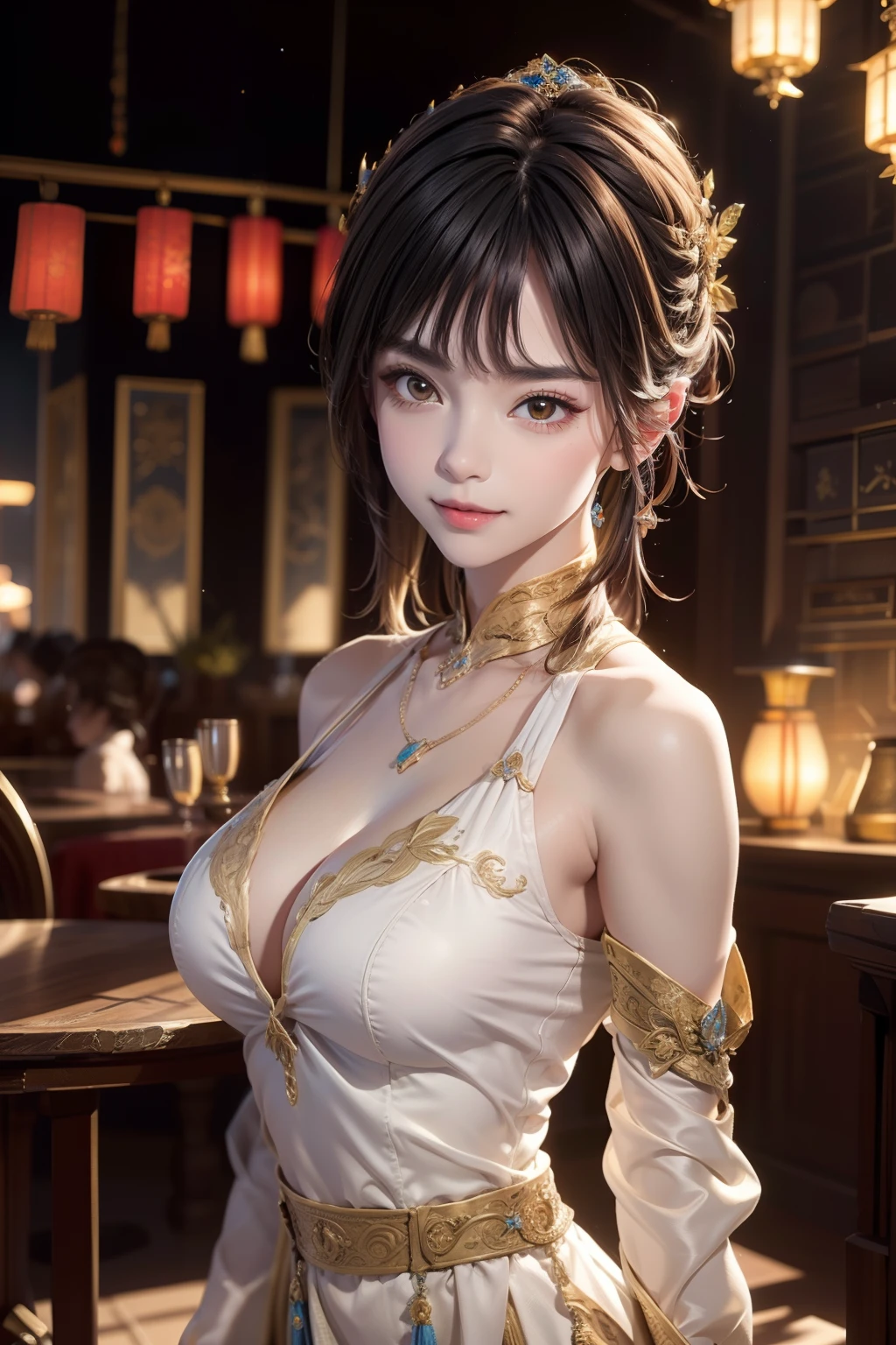 Fu Xuan,(Exquisite illustrations:1.4),(tmasterpiece:1.0), (best qualtiy:1.4), (超高分辨率:1.2), (realisticlying:1.4), (8K, RAW photos:1.2), (soft focus:1.4), (18yr old:1.3), (Sharp focus:1.4), Beautiful face with details, happy smile, dancing, forest