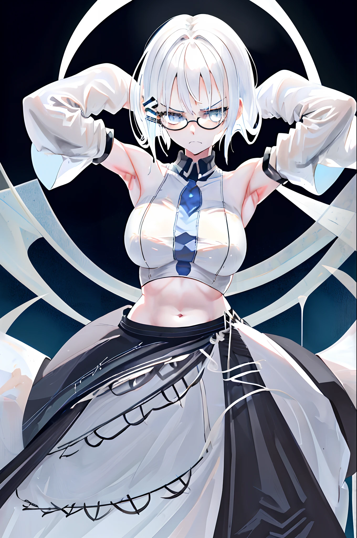 1girl white hair blue eyes x hair ornament, (sleeveless), (detached sleeves), black-framed eyewear, Navel (presenting armpit), arms behind head, hands behind head, arms raised, hands in pockets, standing, (simple background), (upper body), (disgust, annoyed),(nude), (from above), 1girl, spread armpit, steam, sitting,