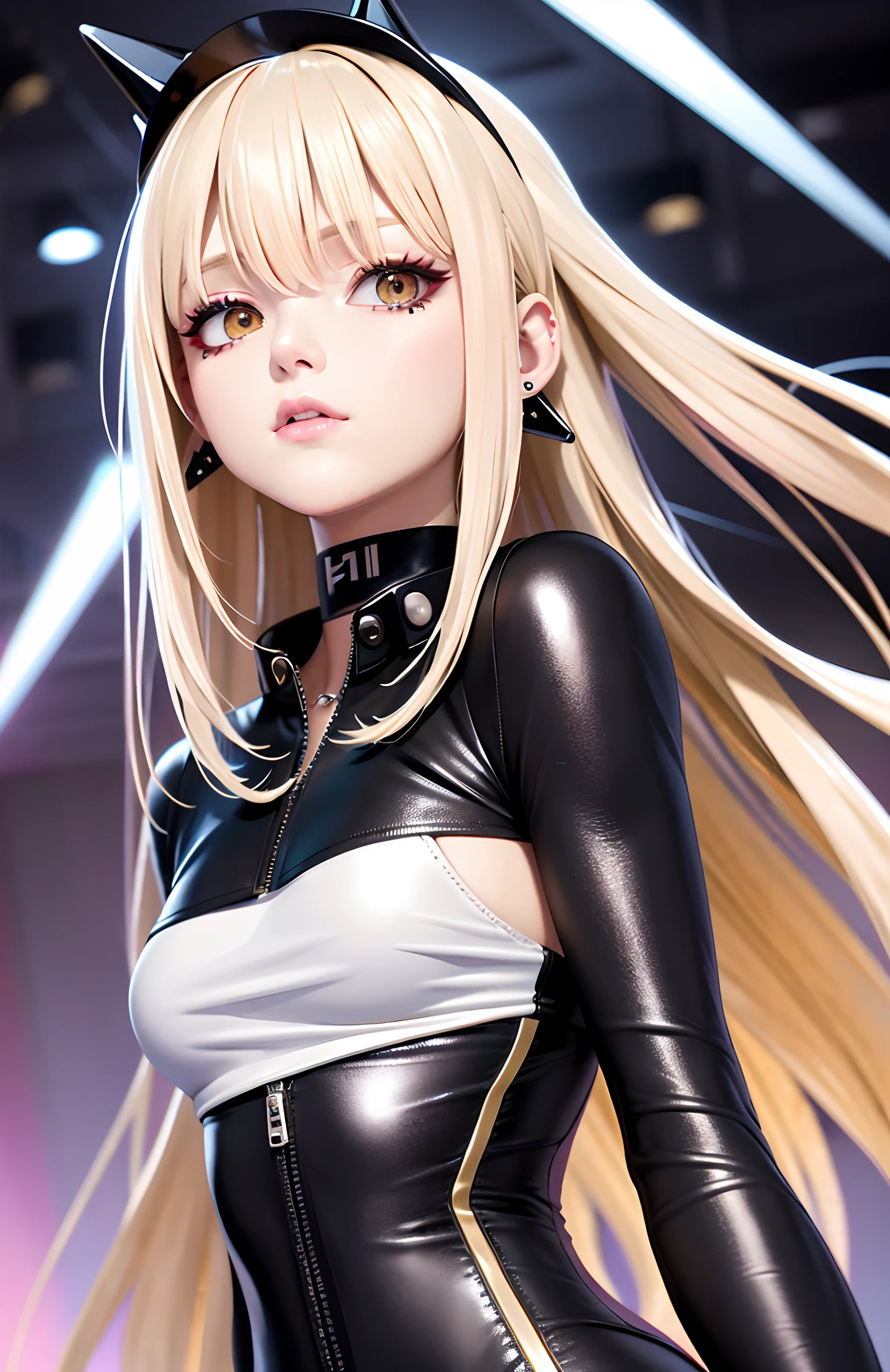 optimum，tmasterpiece，A high resolution，best qualtiy，hyper HD，super detailing，Award-Awarded，16k，独奏，（（The upper part of the body）），（（Bust）），anatomy correct，Beautiful cyberpunk girl，cute  face，，Gradient Beige Hair，Hairline，（（Bright golden eyes）），long eyelasher，Hanging eye corners，White skin of the，（small boobs），（Slim body），（（Women's extra short shawl leather jacket）），（（Pilot uniform）），（（）），ear studs，（Neck strap），（Laser material clothing：1.2）