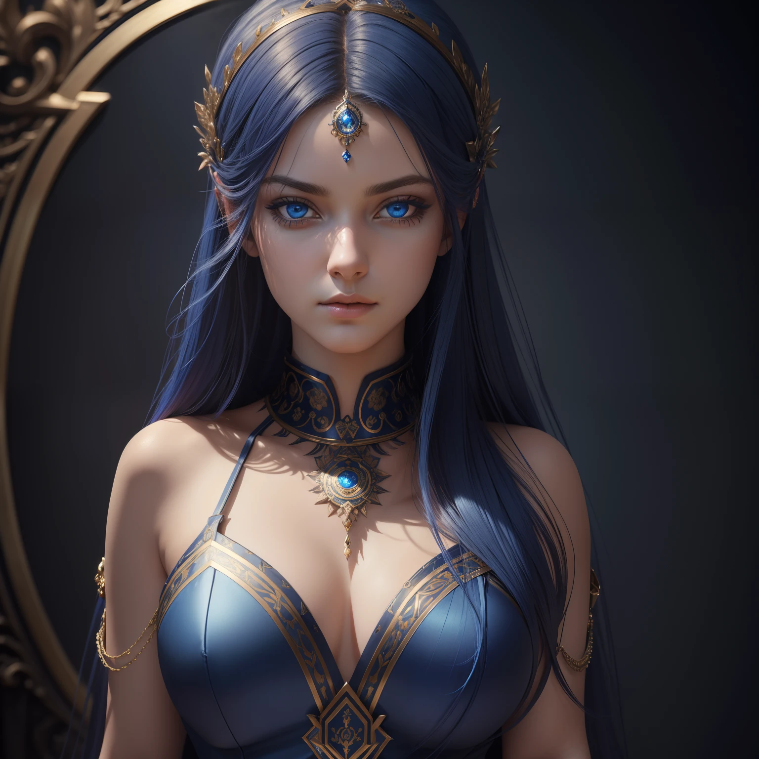 ((best quality)), ((masterpiece)), ((realistic)), Girl meditation, full body, the hair is indigo blue, deep blue eyes, female face, metal carved top, royal aura, trend on artstation , sharp focus, studio photo, intricate detail, very detailed, detailed eye, illustration, very detailed, sharp focus, digital render, professional, 4k