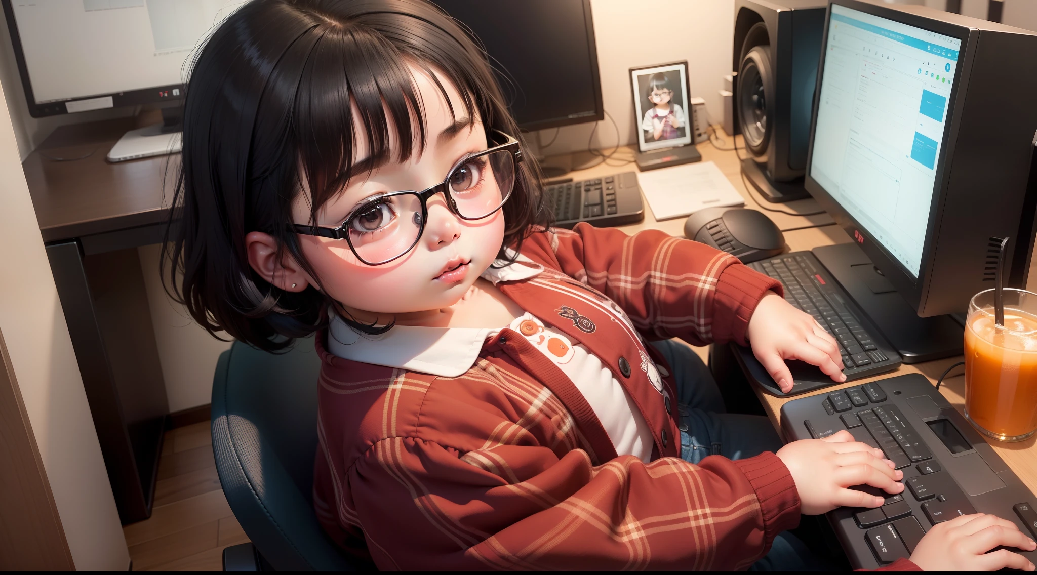A slightly chubby girl of in China, wears glasses,Plaid shirt,shorter pants,programmer,sitting in front of the computer,Black hair, adolable, with brown eye,by Pixar, tchibi,frontage,Full body portrait