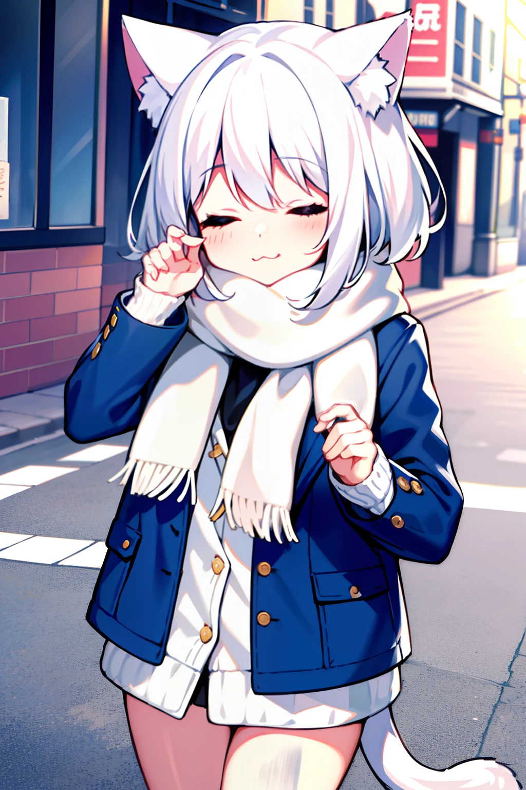 masterpiece, best quality, 1girl, white hair, medium hair, cat ears, closed eyes, looking at viewer, :3, cute, scarf, jacket, outdoors, streets,