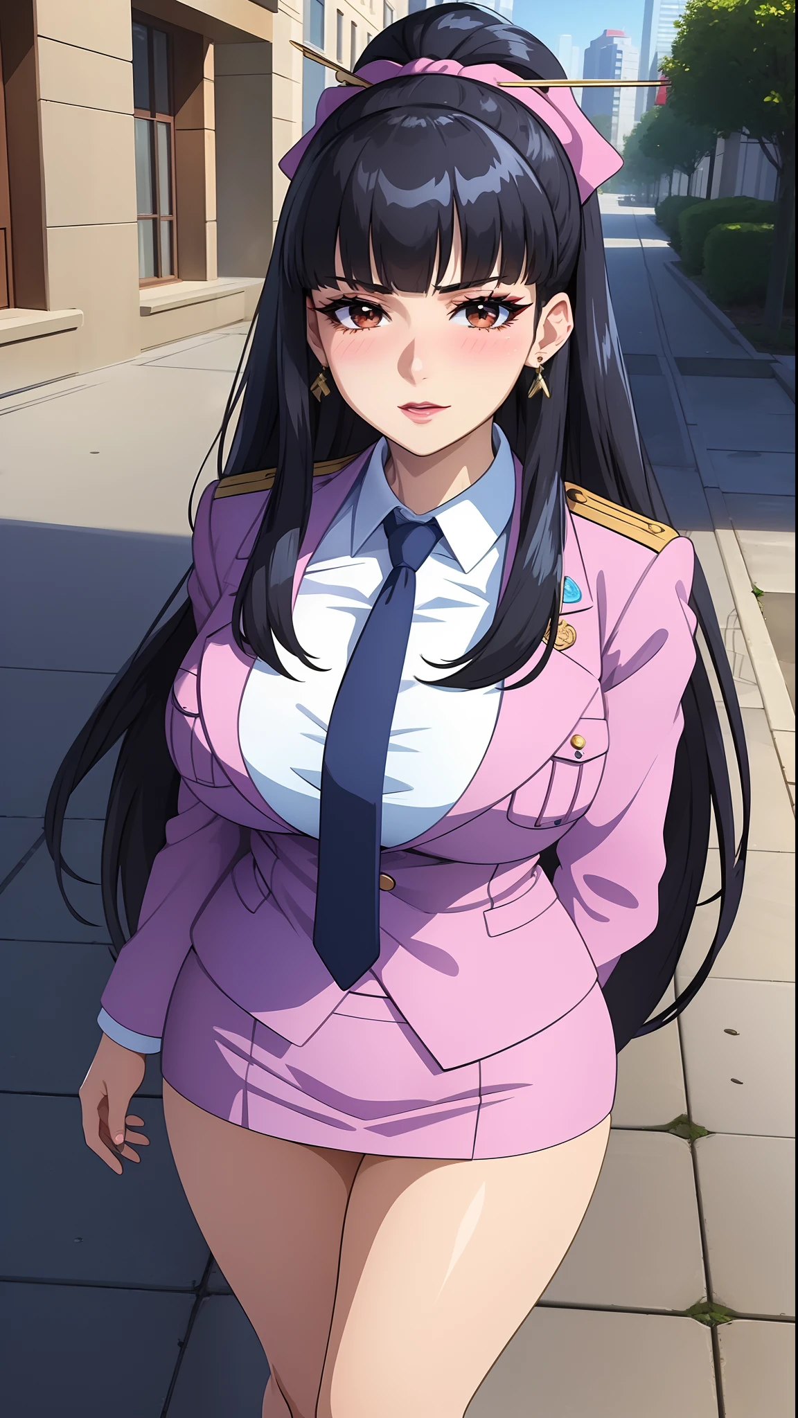 (masterpiece, highres, best quality:1.3), 8K, highly detailed, intricate, colorful, vibrant image, sharp focus, hentai, 4K,
Agatha, 1girl, battle stance, confident look, kicking, sunny weather, (blush:1.1), blue sky, skyscrapers, full body shot,
black hair, long hair, blunt bangs, hair ornament, hair stick, bow, lipstick, makeup, eyeshadow, ultra detailed hair, detailed face, brown eyes, complex realistic perfect eyes, perfect face, earrings, jewelry,
uniform, pencil skirt, necktie, panties, white boots,
(mature female, 30yo:1.1), milf, breasts,