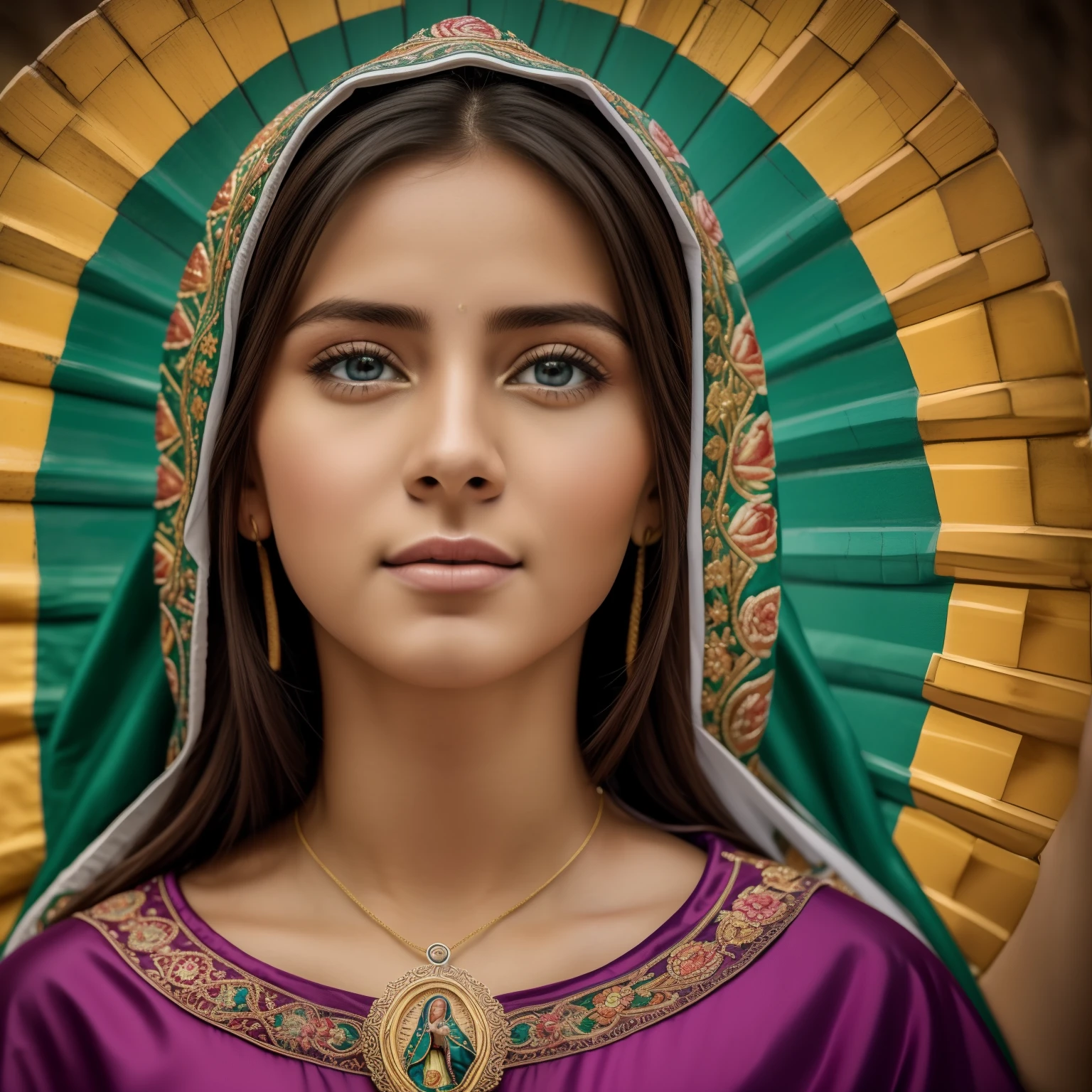 ((Blessed Virgin Mary of Guadalupe))) (((cuerpo completo))) 19 year old,  de rostro y aspecto anglosajona))) (((Con una cara seria y piadosa. Con una mirada dulce y tierna))) (obra maestra, calidad superior, mejor calidad, arte oficial, beautiful and aesthetic: 1.2),  extremadamente detallado, colorido, highest detailed, Cara perfecta, parte superior del cuerpo, HDR, (orando: 1.3), eye-catching visuals, colores vibrantes. ultra detallado, 8k, HDR. Grado de color profesional, colores ricos, powerful imagery, matices fuertes, 4k, 8k,obra maestra,...
