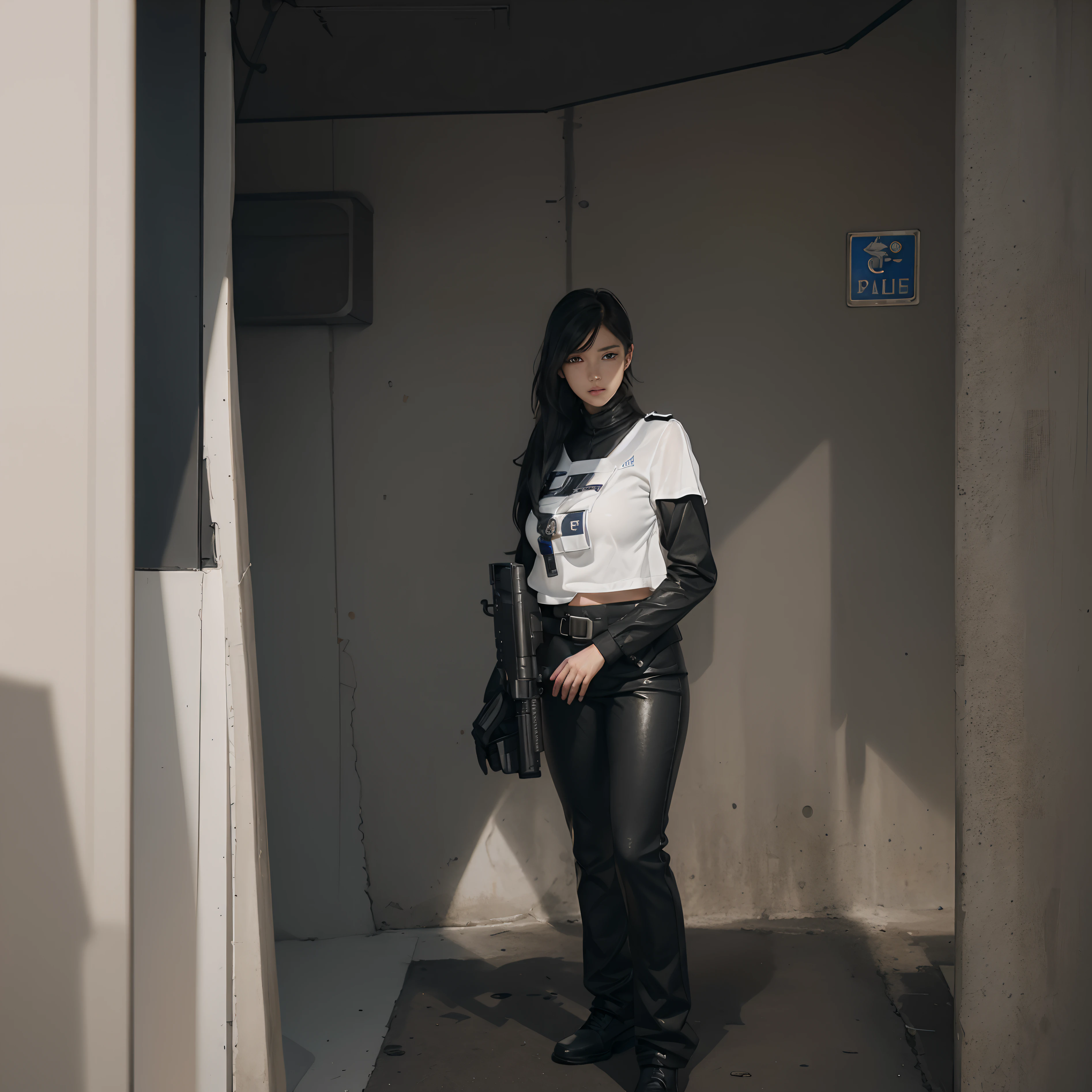 ((Best Quality, 8K, Masterpiece: 1.3)), Sharp: 1.2, Perfect Body Beauty: 1.4, Slim Abs: 1.2, ((Layered Hairstyle, Big Breasts: 1.2)), (Wet White Button Long Shirt: 1.1), (Bulletproof Police Car, Street: 1.2), Wet: 1.5, Highly Detailed Face and Skin Texture, Detailed Eyes, Double Eyelids, Side Face Looking at the Camera, White Police Uniform, Tall Figure, Army Badge, Bulletproof Vest, Intercom, Pistol Aimed at the Camera Female soldiers, Fully armed, black leather pants, special forces, agents