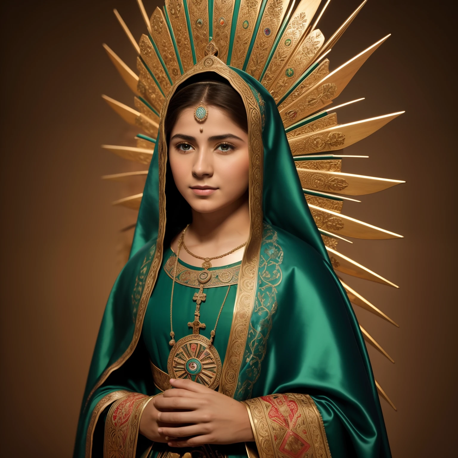 ((Blessed Virgin Mary of Guadalupe))) (((cuerpo completo))) 19 year old,  de rostro y aspecto anglosajona))) (((Con una cara seria y piadosa. Con una mirada dulce y tierna))) (obra maestra, calidad superior, mejor calidad, arte oficial, beautiful and aesthetic: 1.2),  extremadamente detallado, colorido, highest detailed, Cara perfecta, parte superior del cuerpo, HDR, (orando: 1.3), eye-catching visuals, colores vibrantes. ultra detallado, 8k, HDR. Grado de color profesional, colores ricos, powerful imagery, matices fuertes, 4k, 8k,obra maestra,...