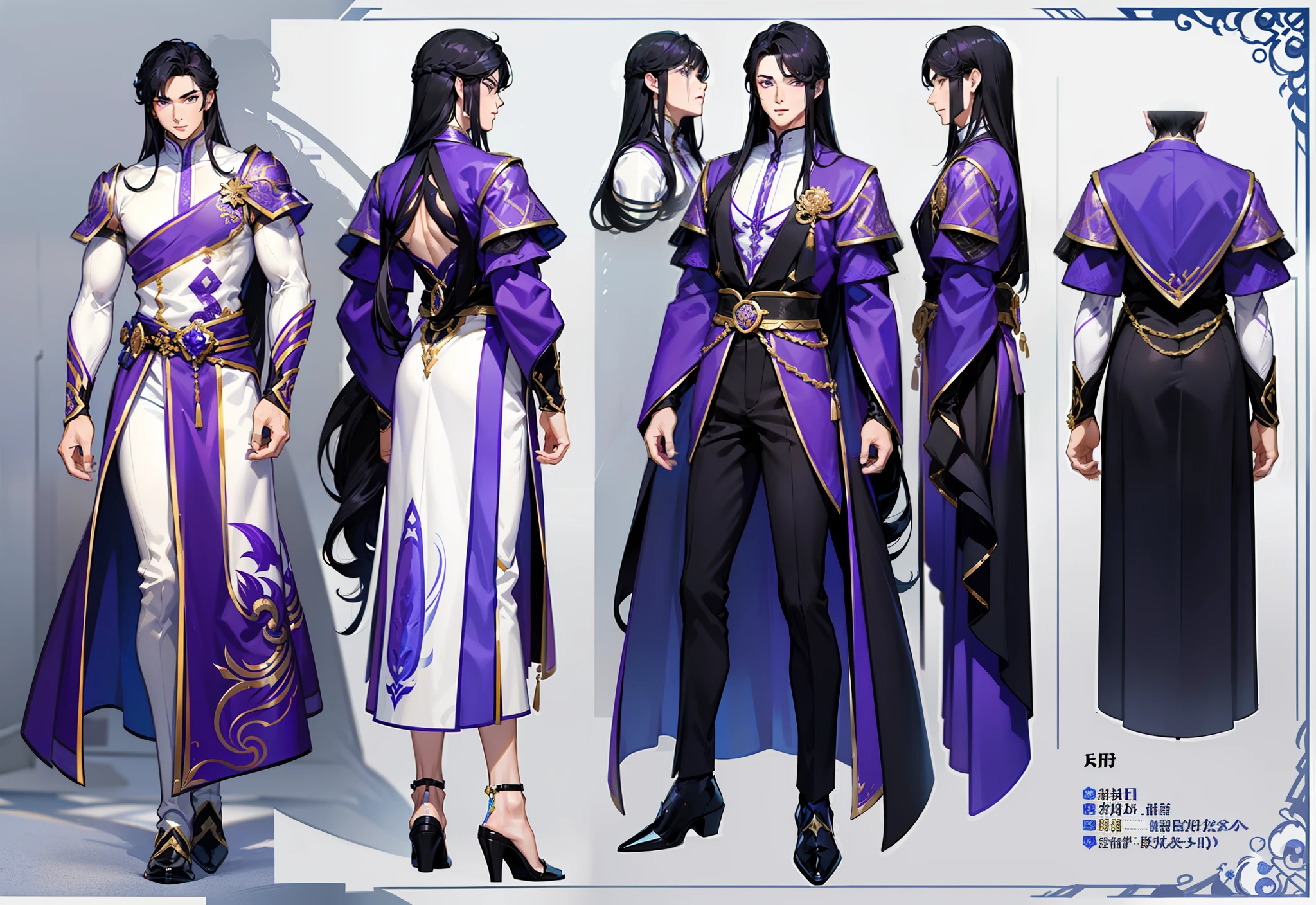 1boy, single, asian boy, reference sheet, oerfect face, hansome face, character design, front angle, side angle, rear angle, dynamic poses, (masterpiece:1.2), (best quality:1.3), ice fantasy outfit, muscle body, athletic body. (Purple eyes), (long hair), (long bangs), (black hair), (pale skin), lean (reference sheet:1.5), no text, no symbol