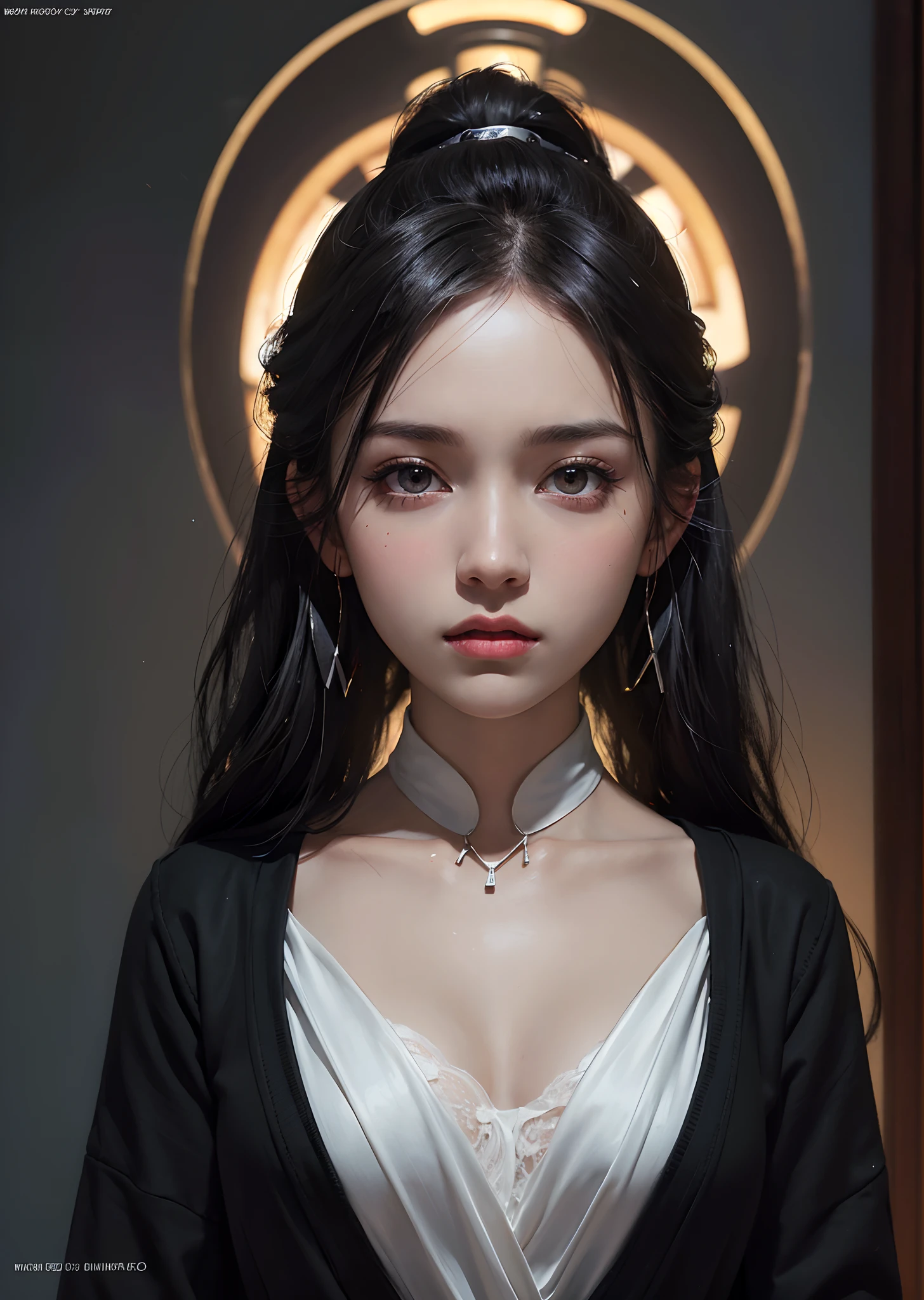 Create an image of a young woman ((Black colored eyes)), in a black hoodie, and white pants, From 18 years old, ((Ultra realiasta)), High definition)), ((Illuminated cinema)), ((Wallpapers)), hyper realistic skin)), insanely details)), ((High ponytail)), Music,((Ultra HD 8K)),(Front focus),(in the darkness nigth:1.6),Surrealist portraits of women by David Hockney and Alphonse Mucha,Fantasyart,photographrealistic,动态照明,artstation,poster for,Volumetriclighting,Very detailed faces,4 k,Award-Awarded