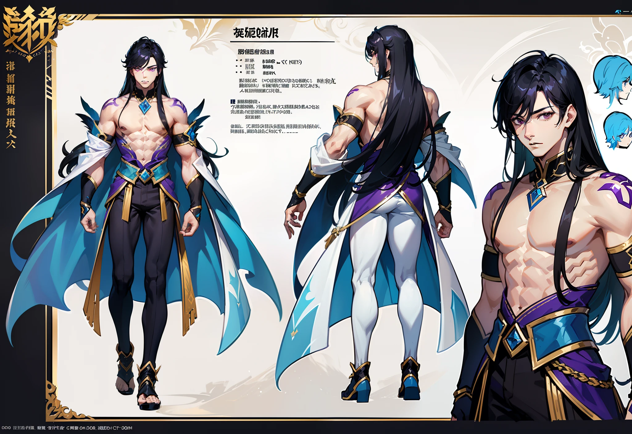 1boy, single, asian boy, reference sheet, oerfect face, hansome face, character design, front angle, side angle, rear angle, dynamic poses, (masterpiece:1.2), (best quality:1.3), ice fantasy outfit, muscle body, athletic body. (Purple eyes), (long hair), (long bangs), (black hair), (pale skin), lean (reference sheet:1.5), no text, no symbol