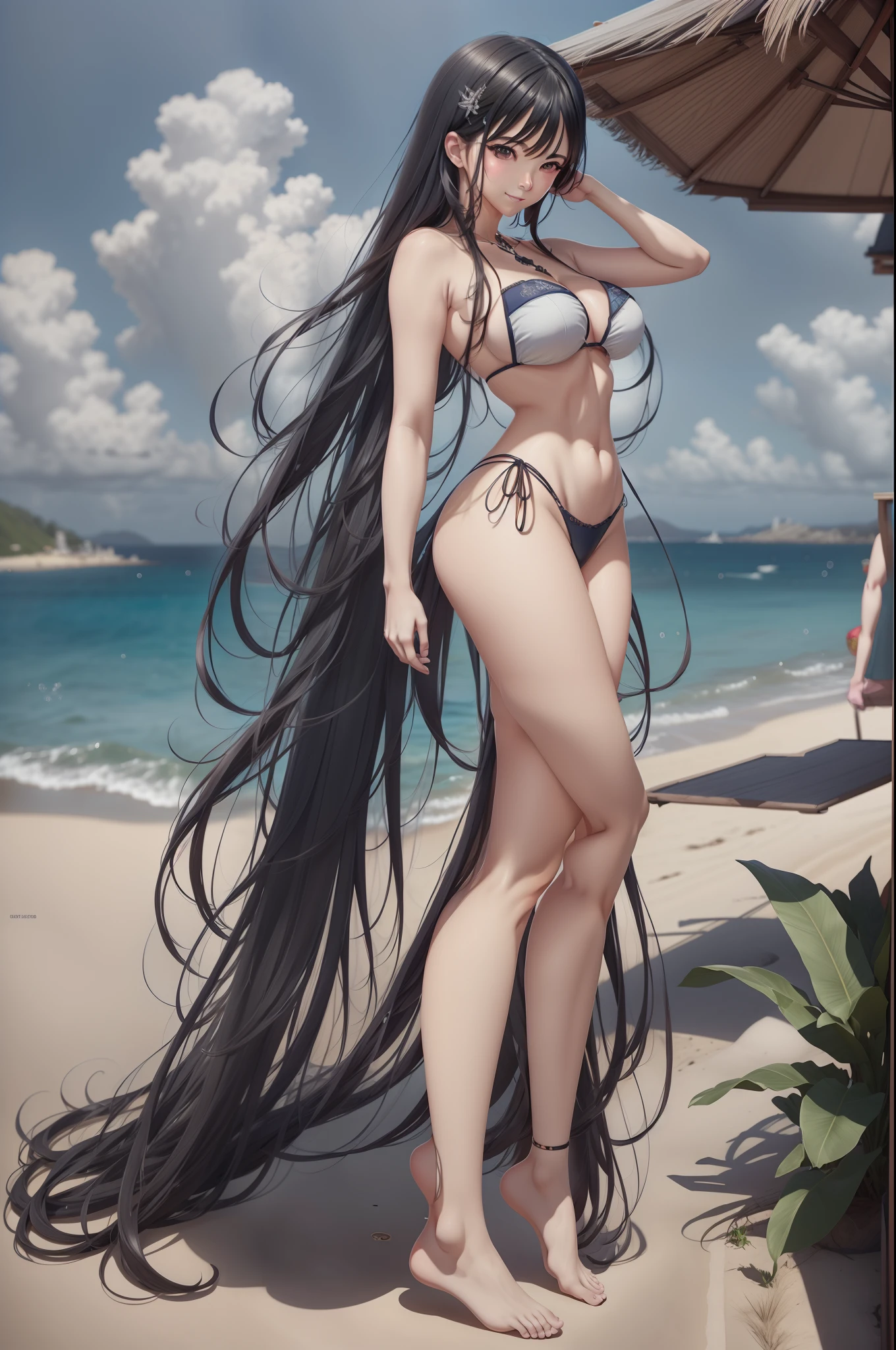 Bikini anime girl posing on balcony,Sea view, seductive anime girls, beautiful and seductive anime woman, Japanese goddess, thicc, in beach, commission for high resolution, Voluptious body, Extremely detailed Artgerm, Anime goddess, realistic shadow perfect body, On a sunny beach, on the beach