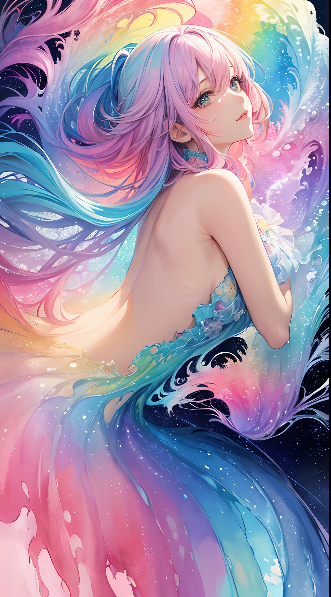 (masterpiece, top quality, best quality,watercolor (medium),official art, beautiful and aesthetic:1.2),(1girl:1.3), (fractal art:1.3),upper body, from side, looking at viewer,patterns,(rainbow color Hair,colorful hair,half blue and half pink hair:1.2),water,liquid, cloud,colorful, starry,stars,